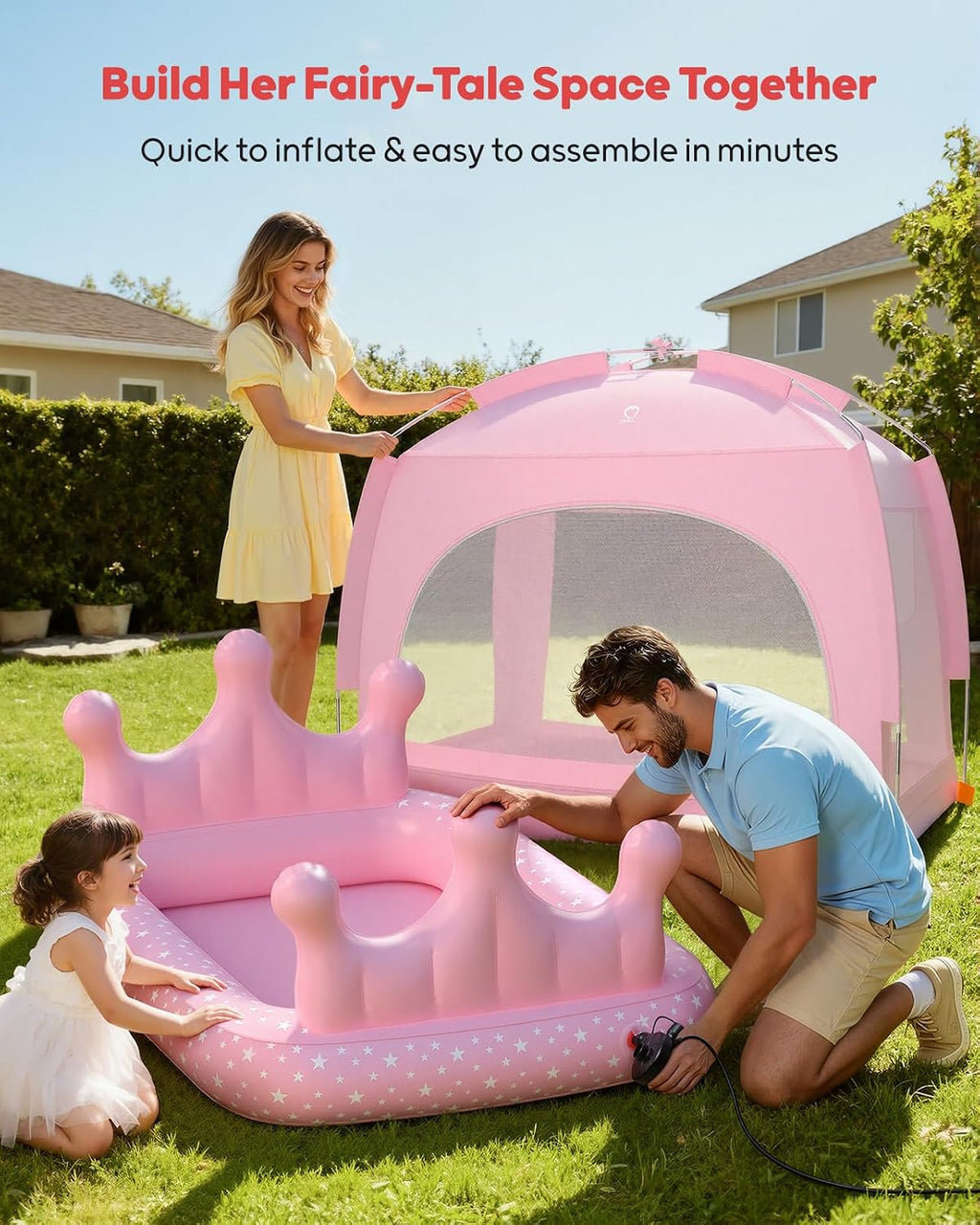 QPAU Princess Inflatable Toddler Bed with Tent, Blow Up Toddler Travel Bed with Sides, Portable Kids Air Mattress for Girls, Ideal for Home, Grandma’s, Camping &amp; Sleepovers – Includes Electric Pump