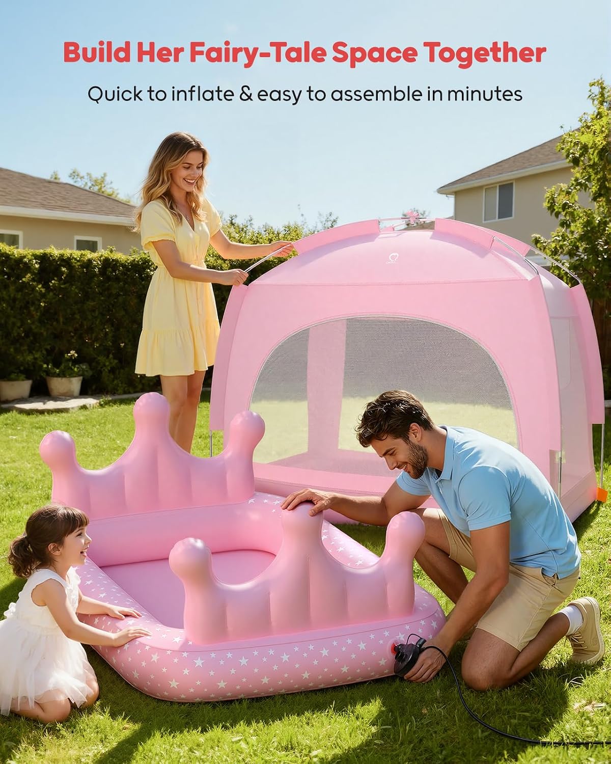 QPAU Princess Inflatable Toddler Bed with Tent, Blow Up Toddler Travel Bed with Sides, Portable Kids Air Mattress for Girls, Ideal for Home, Grandma’s, Camping &amp; Sleepovers – Includes Electric Pump