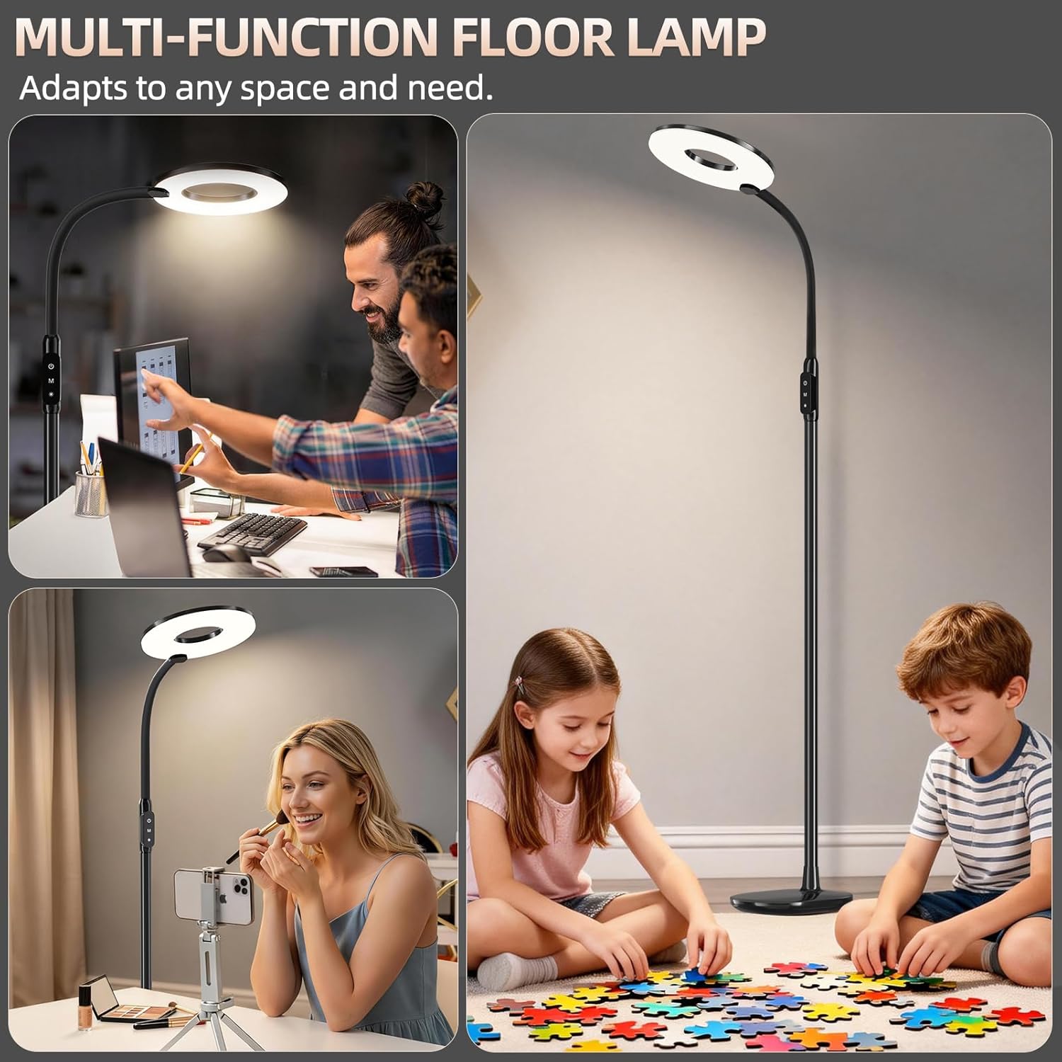 GyroVu LED Floor Lamp, 70'' Bright Reading Floor Lamps for Living Room, Dimmable &amp; Adjustable Color Temperature, Touch Control Standing Tall Lamp, Gooseneck Floor Light for Bedroom Office, Black