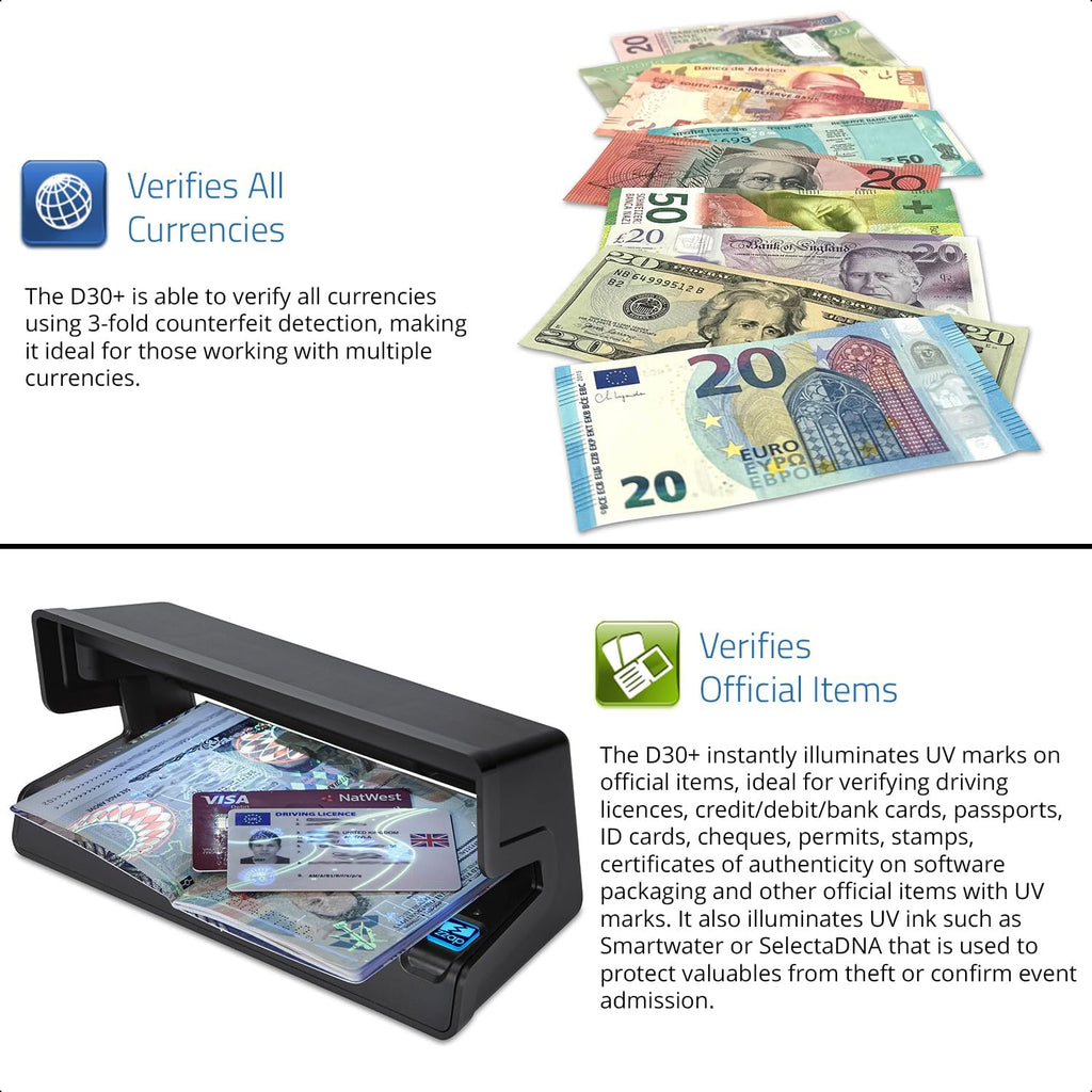 ZZap D30+ - Counterfeit Banknote Detector - LED Ultraviolet Light, Watermark &amp; Metallic Thread Detection, Battery Or Mains Powered - Money Checker Machine