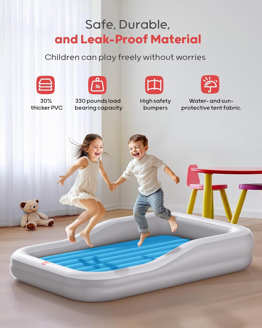 QPAU Inflatable Toddler Travel Bed with Tent, Portable Kids Air Mattress with Safety Sides, Ideal for Home, Grandma's, Camping, Traveling (Grey &amp; Blue)
