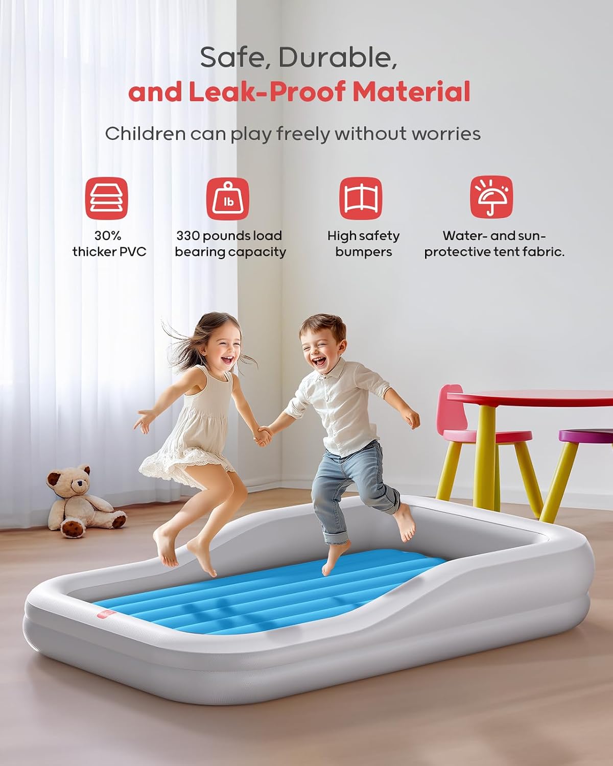 QPAU Inflatable Toddler Travel Bed with Tent, Portable Kids Air Mattress with Safety Sides, Ideal for Home, Grandma's, Camping, Traveling (Grey &amp; Blue)