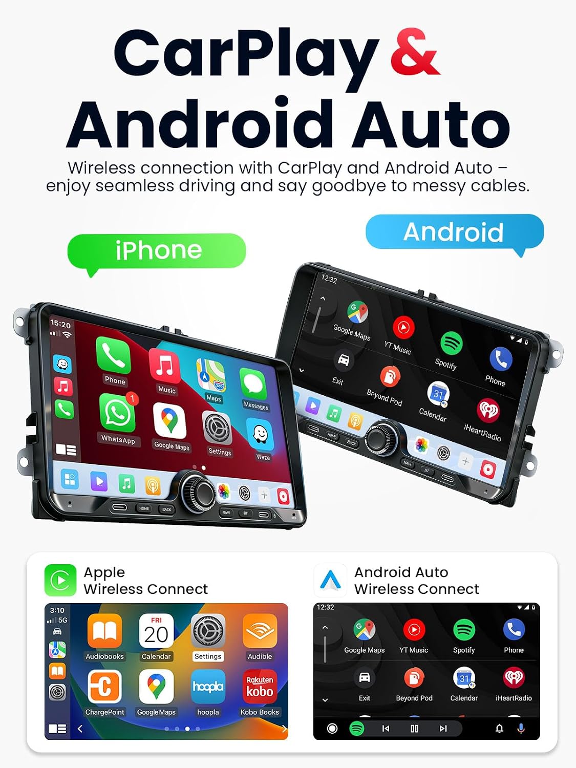 2 DIN Car Stereo for Volkswagen, Skoda, SEAT, Wireless CarPlay &amp; Android Auto 9" Touchscreen, 4GB RAM 64GB ROM, Bluetooth 5GHz WiFi DAB+ FM AUX GPS