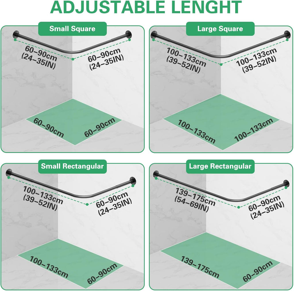 L Shaped Shower Curtain Rail, (60-133cm) x (60-133cm) Extendable Corner Shower Curtain Rail, Curved Shower Rail With 12 Rings &amp; Ceiling Support For Bathroom &amp; Bathtubs, Need Drilling - Matte Black