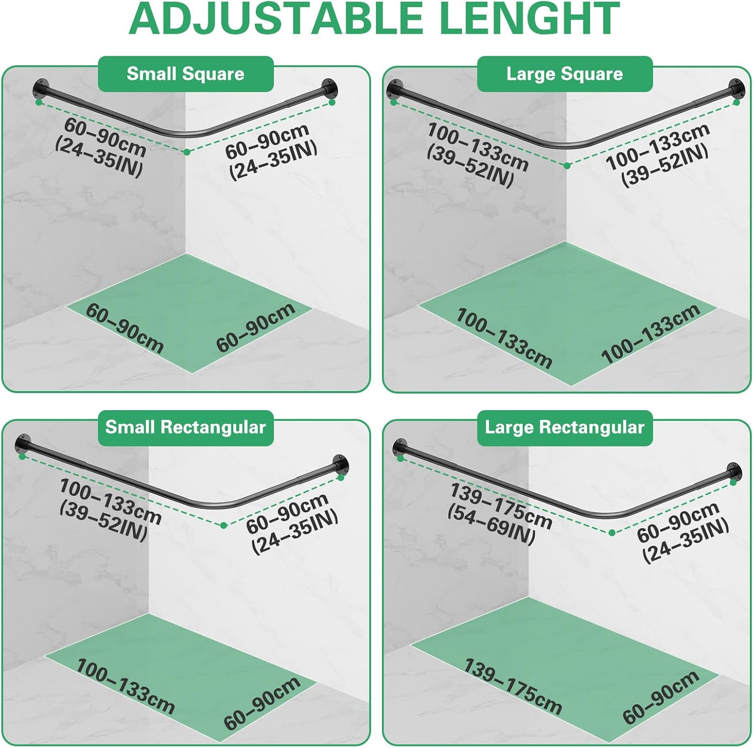 L Shaped Shower Curtain Rail, (60-133cm) x (60-133cm) Extendable Corner Shower Curtain Rail, Curved Shower Rail With 12 Rings &amp; Ceiling Support For Bathroom &amp; Bathtubs, Need Drilling - Matte Black
