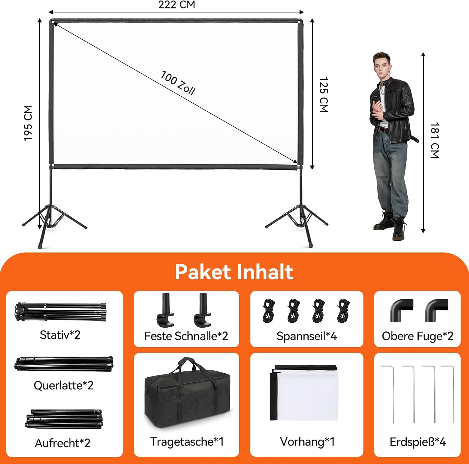 Projector Screen with Stand 100 inches, Portable Projector Screen 4K HD 16:9, Indoor Outdoor Projection Lightweight and Compact with Carrying Bag for Theatre, Home Cinema, Camping