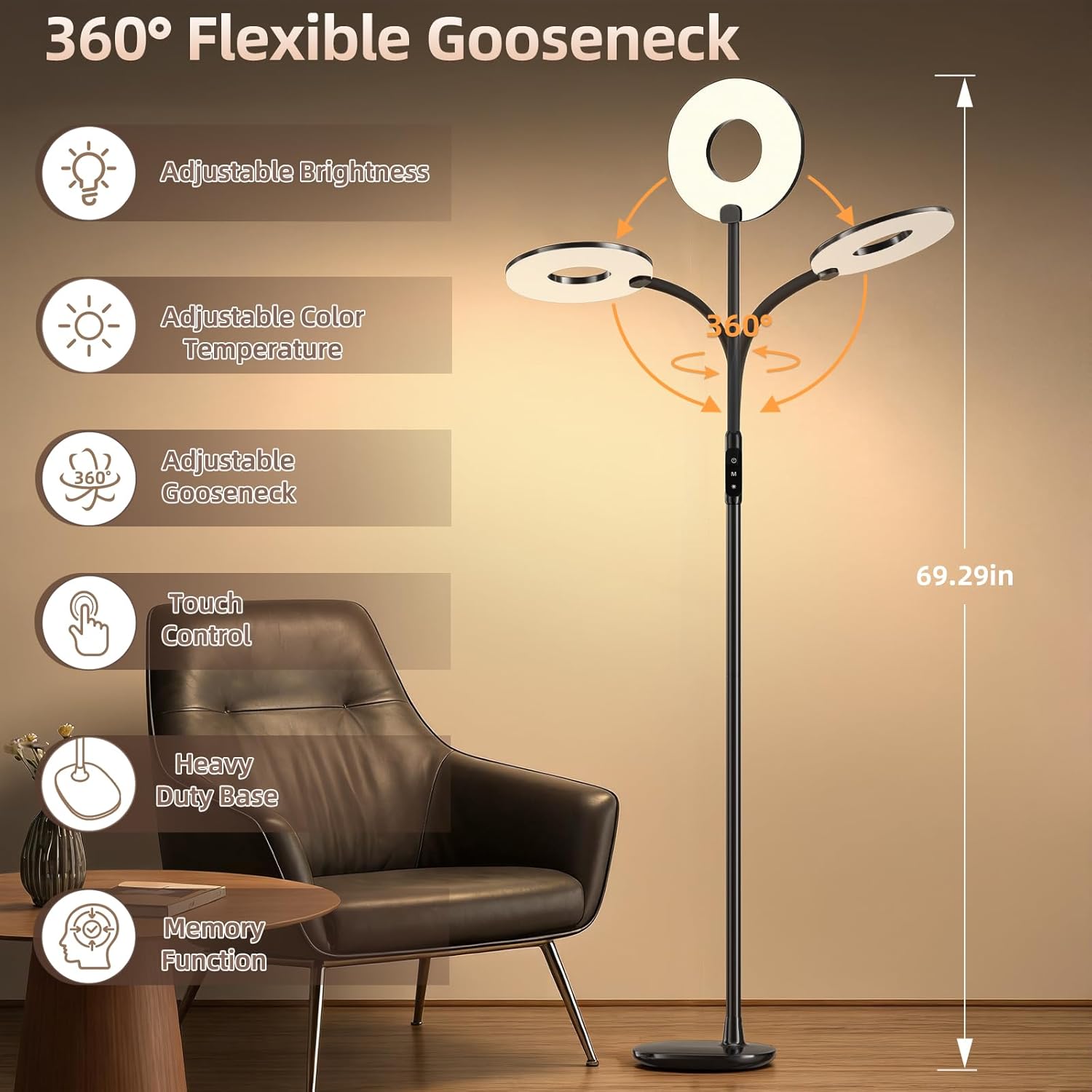 GyroVu LED Floor Lamp, 70'' Bright Reading Floor Lamps for Living Room, Dimmable &amp; Adjustable Color Temperature, Touch Control Standing Tall Lamp, Gooseneck Floor Light for Bedroom Office, Black