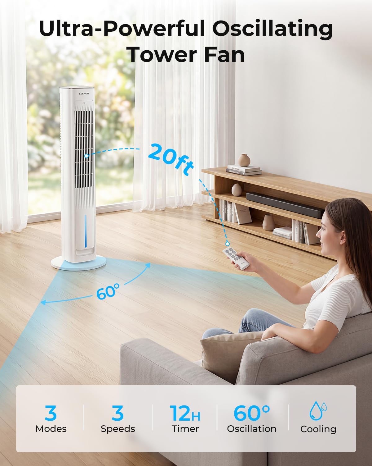 LEENON 3in1 Evaporative Air Cooler, 38" Tower Fan with Remote, 3L Water Tank Quiet Portable Cooling Fan, 3 Speeds &amp; 3 Modes, 12H Timer, Auto Oscillating Air Cooler for Home &amp; Office, Grey