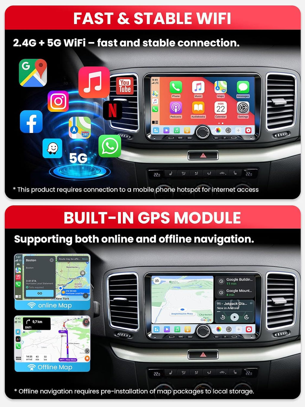 2 DIN Car Stereo for Volkswagen, Skoda, SEAT, Wireless CarPlay &amp; Android Auto 9" Touchscreen, 4GB RAM 64GB ROM, Bluetooth 5GHz WiFi DAB+ FM AUX GPS