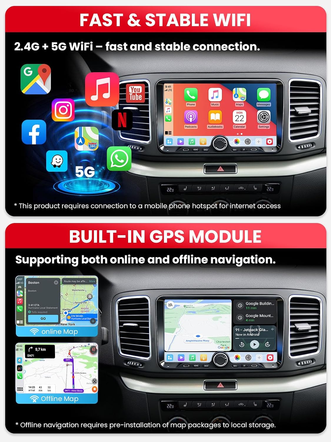 2 DIN Car Stereo for Volkswagen, Skoda, SEAT, Wireless CarPlay &amp; Android Auto 9" Touchscreen, 4GB RAM 64GB ROM, Bluetooth 5GHz WiFi DAB+ FM AUX GPS