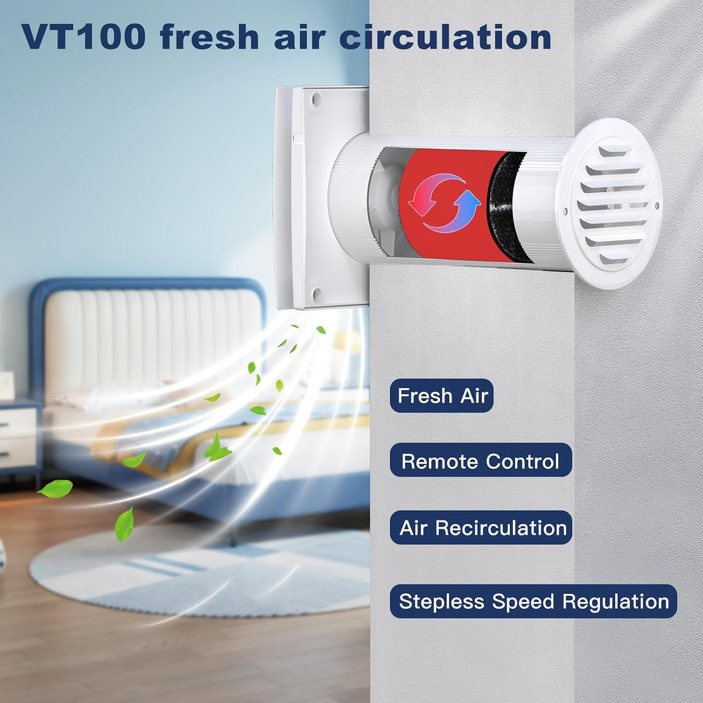 VT100 Heat recovery Ventilator Reversible with ceramic exchange core | With 5W EC Energy saving motor and Remote Control, for Home, Bedroom, Children's Room, Attic Wall Mount Exhaust Fan