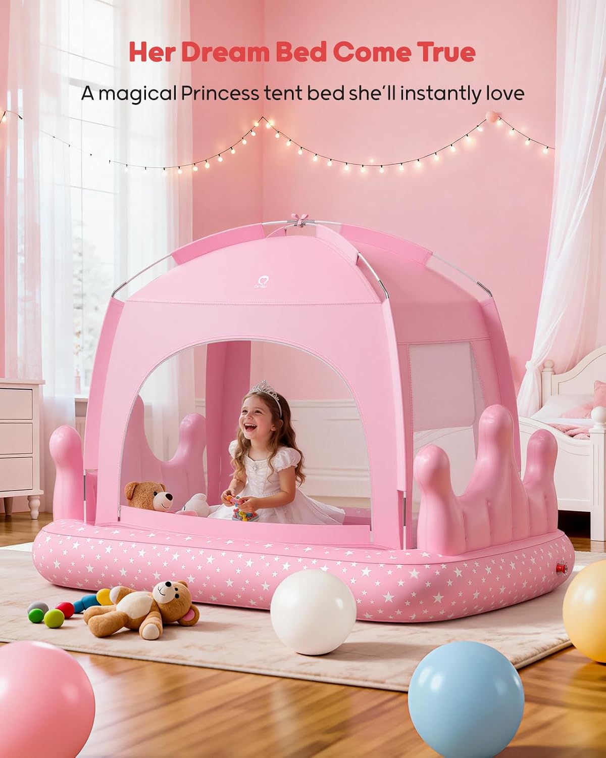 QPAU Princess Inflatable Toddler Bed with Tent, Blow Up Toddler Travel Bed with Sides, Portable Kids Air Mattress for Girls, Ideal for Home, Grandma’s, Camping &amp; Sleepovers – Includes Electric Pump