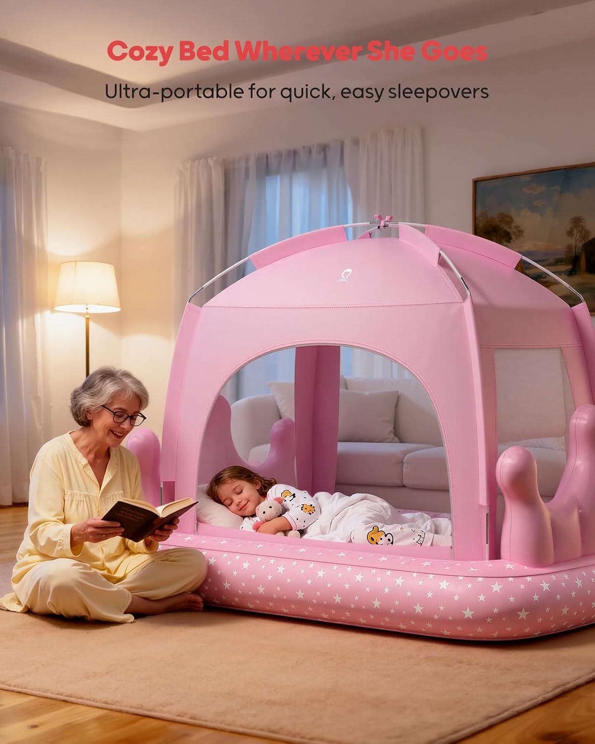 QPAU Princess Inflatable Toddler Bed with Tent, Blow Up Toddler Travel Bed with Sides, Portable Kids Air Mattress for Girls, Ideal for Home, Grandma’s, Camping &amp; Sleepovers – Includes Electric Pump