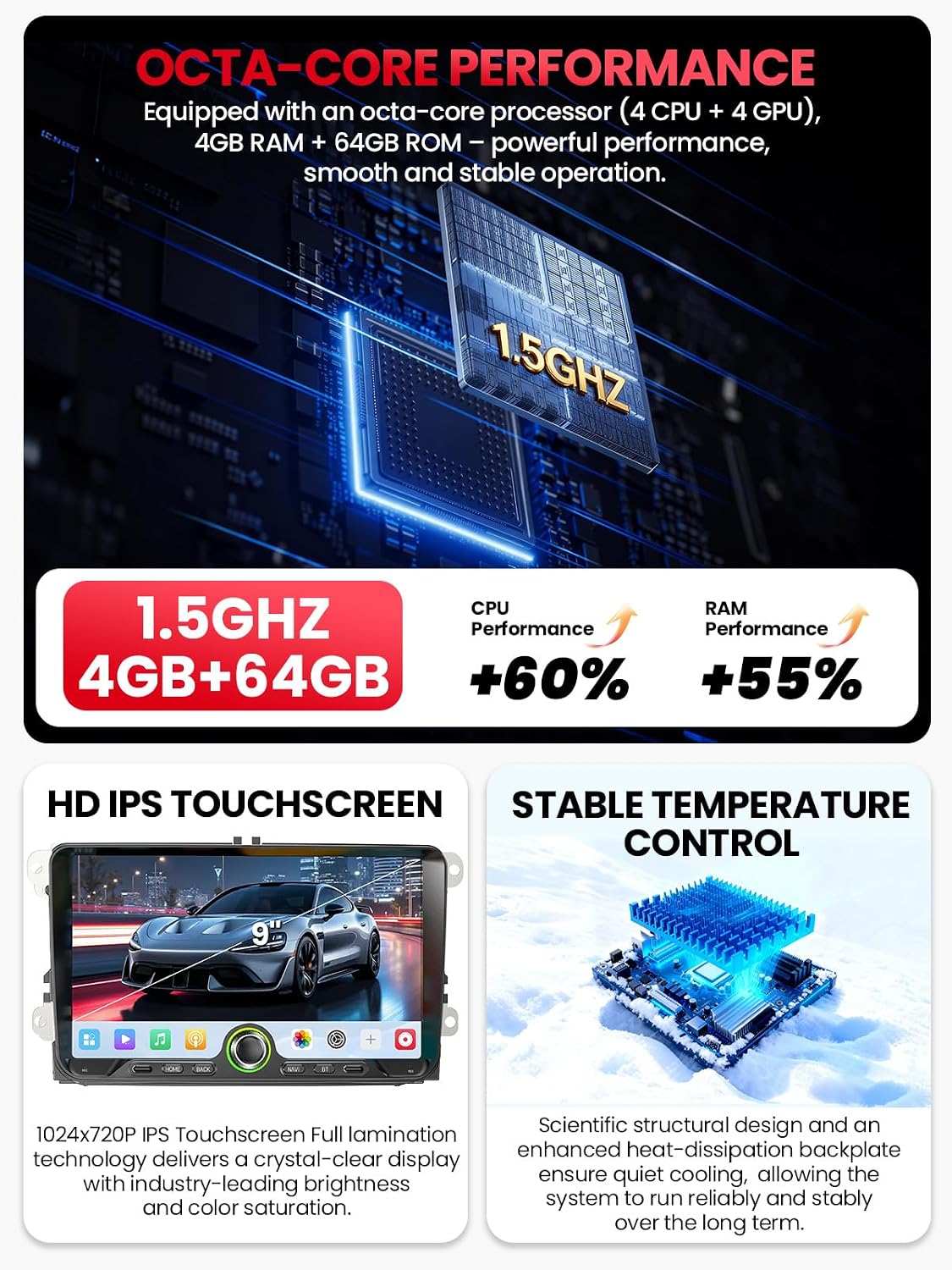 2 DIN Car Stereo for Volkswagen, Skoda, SEAT, Wireless CarPlay &amp; Android Auto 9" Touchscreen, 4GB RAM 64GB ROM, Bluetooth 5GHz WiFi DAB+ FM AUX GPS