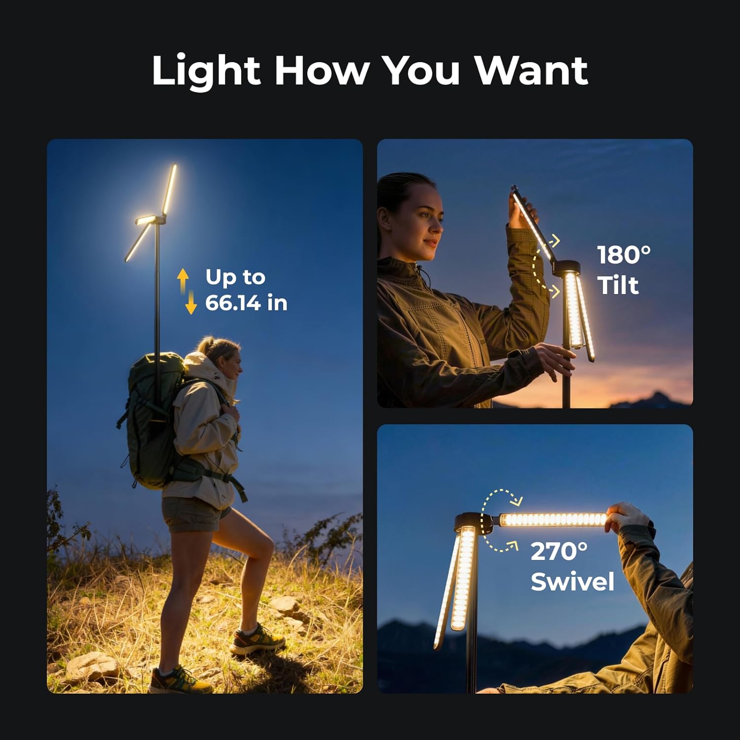 BougeRV T1 Telescopic Camping Light, 15600mAh Rechargeable Lantern, Portable Camping Lamp, 1000x3 Lumens Rotatable Work Light for Tent, Emergency, Outdoor, IPX5 Water Resistant, Black (2026 New)