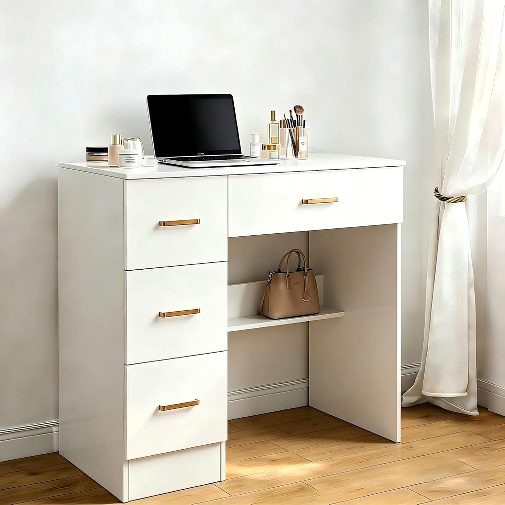 White Dressing Table with 4 Drawers Multi-Purpose Makeup Desk Compact Computer Desk for Home Office Wooden Study Table 80 x 40 cm