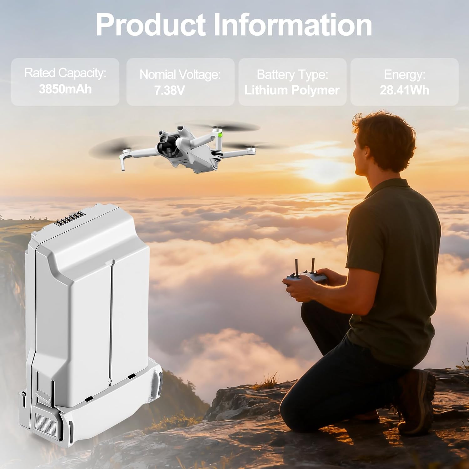 Mini 3 Pro and Mini 4 Pro Intelligent Flight Battery 1 Pack (7.38V 3850mAh) Upgraded Large Capacity Provides 47 Minutes of Flight Time Drone Replacement Battery for DJI Mini 3/3 Pro/4 Pro