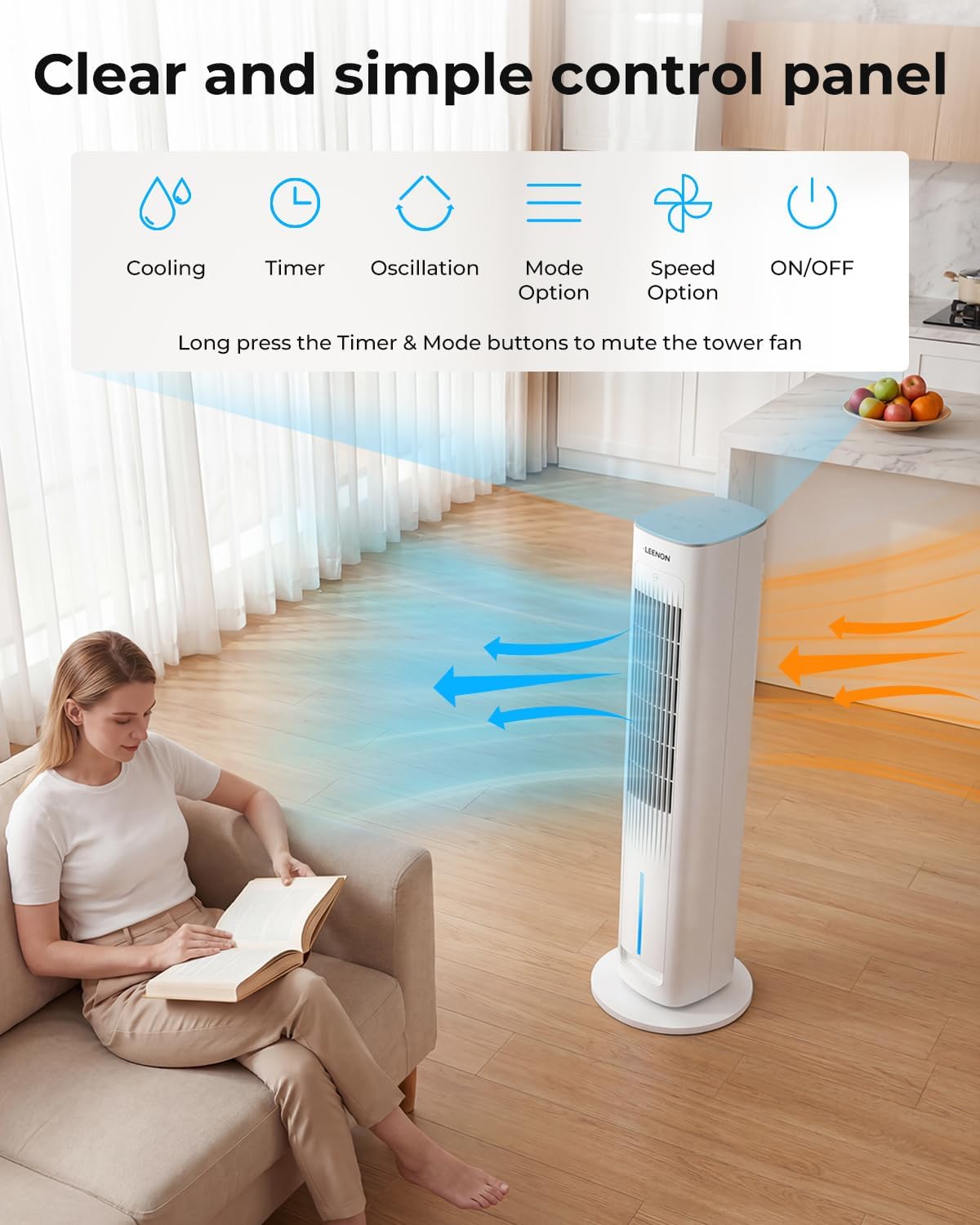 LEENON 3in1 Evaporative Air Cooler, 38" Tower Fan with Remote, 3L Water Tank Quiet Portable Cooling Fan, 3 Speeds &amp; 3 Modes, 12H Timer, Auto Oscillating Air Cooler for Home &amp; Office, Grey