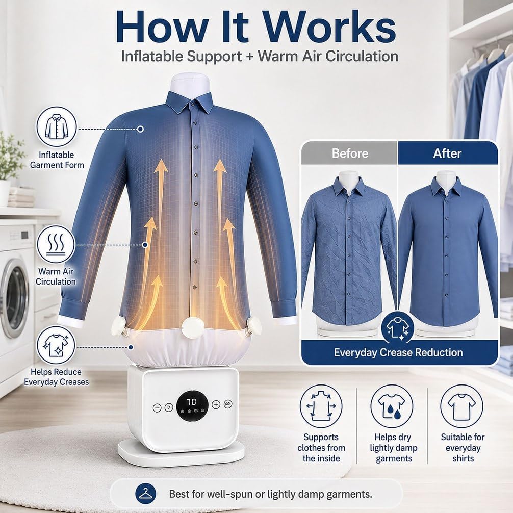 Automatic Shirt Ironing Machine for Clothes | Inflatable, Shirt &amp; Trouser Attachments, Hands-Free Hot Air, Clothes Dryer and Wrinkle Reducer