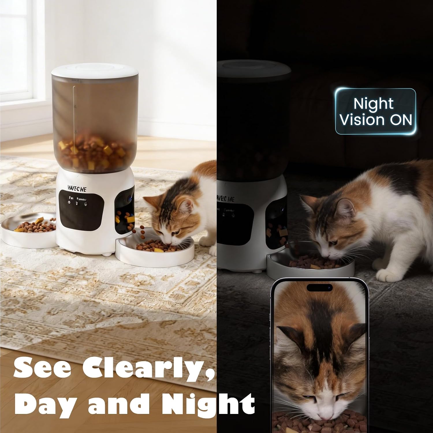 Dual-Lens Automatic Cat Feeder with Camera for 2 Cats, 6L1080P HD Video Pet Food Dispenser with Dual Bowls, AI Motion Detection &amp; 2-Way Audio, App Control Timed Feeder for Multi-Cat Household