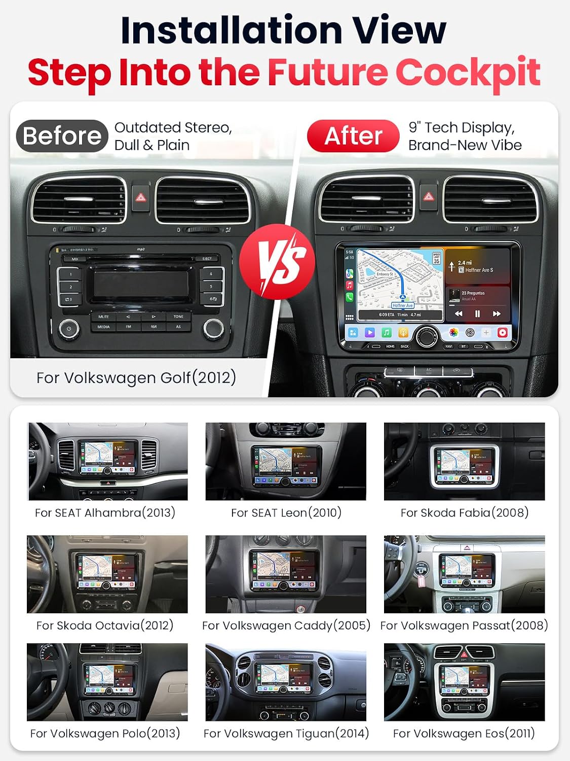 2 DIN Car Stereo for Volkswagen, Skoda, SEAT, Wireless CarPlay &amp; Android Auto 9" Touchscreen, 4GB RAM 64GB ROM, Bluetooth 5GHz WiFi DAB+ FM AUX GPS