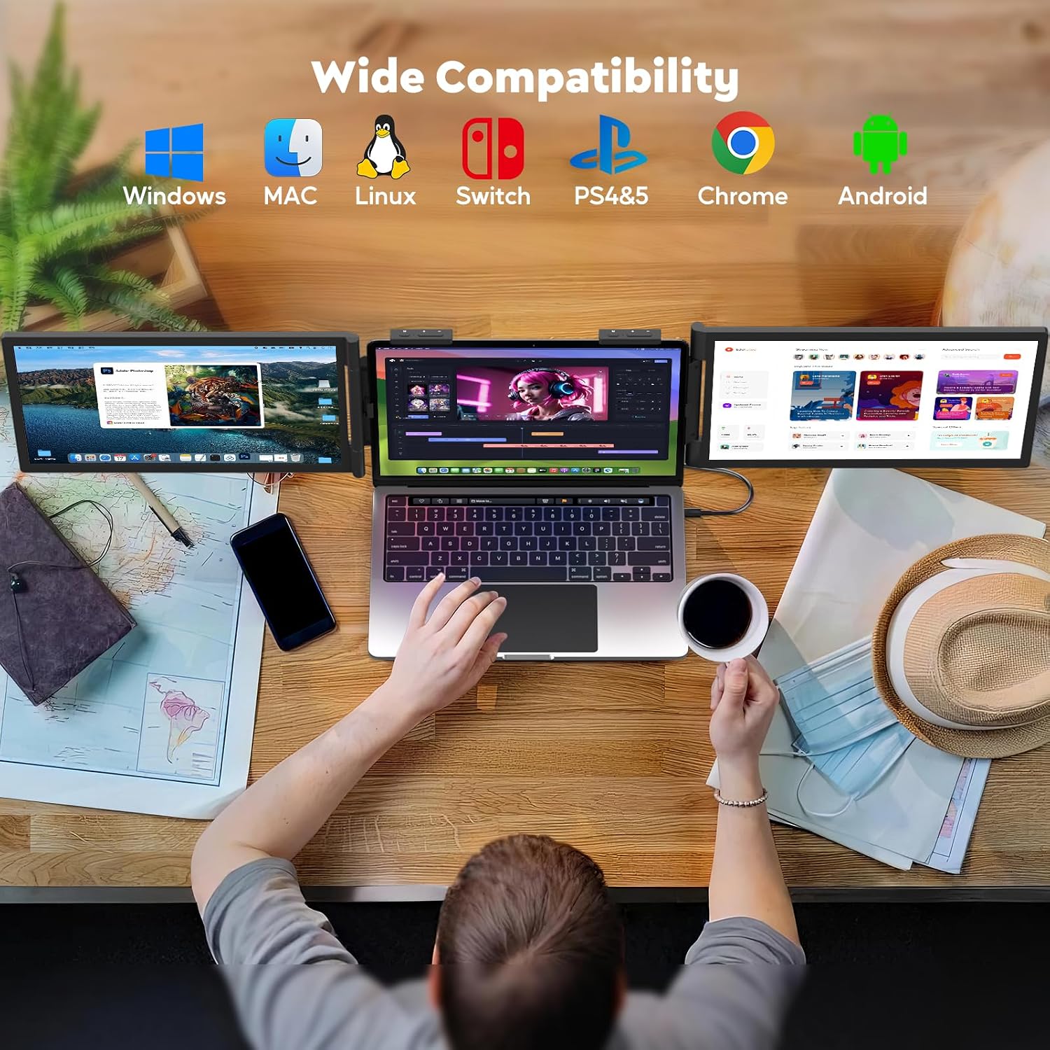 MAGICRAVEN Laptop Screen Extender, 14" FHD 1080P IPS Triple Monitor Extender, Dual Portable Monitor for Laptop 14"-16", USB C Monitor Portable Screen for Windows, Mac, Android, Chrome, Plug and Play
