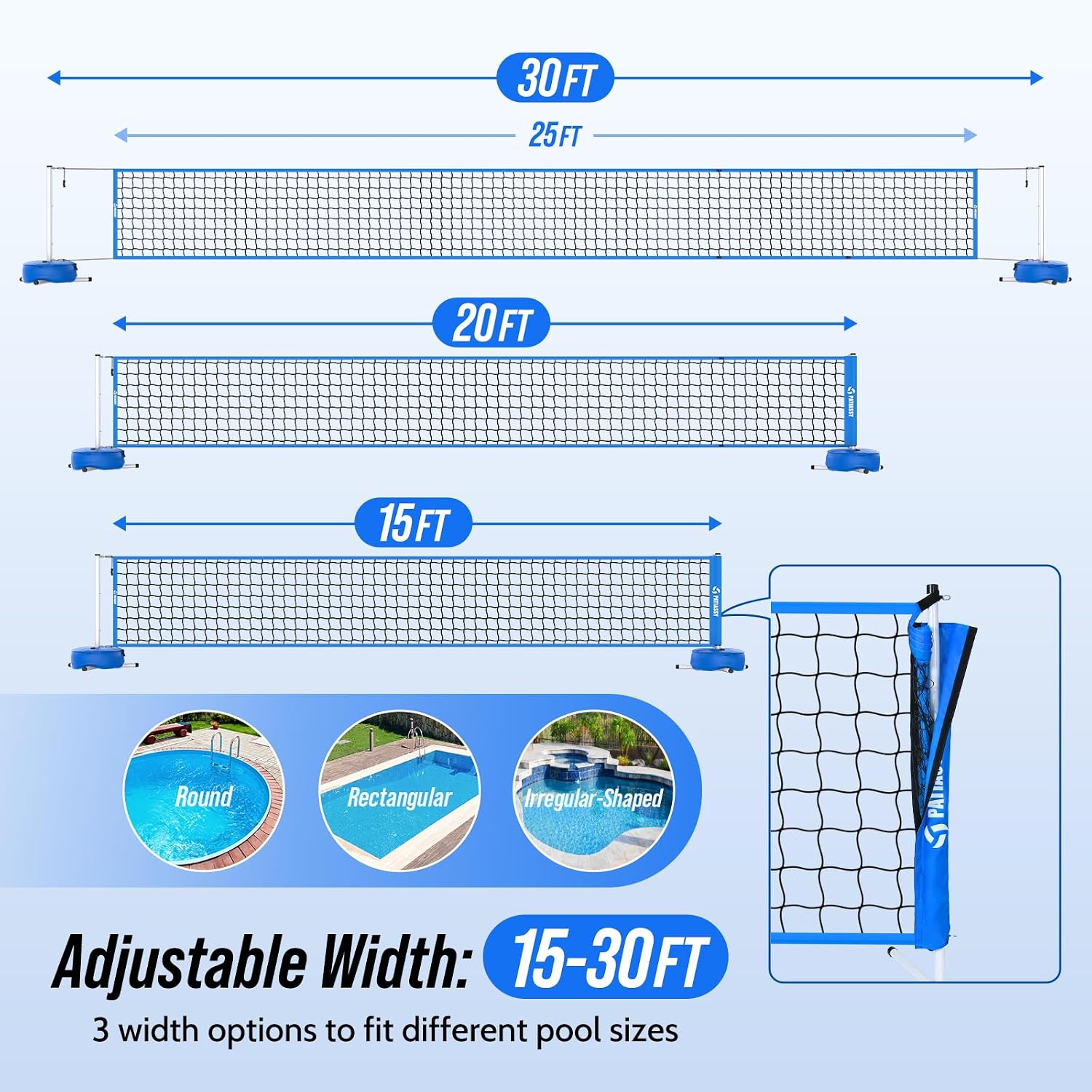 Pool Volleyball Net Set with Weighted Base, Adjustable Width from 15ft-30ft Indoor Outdoor Net System for Swimming Pools, Suitable for Water Games, Garden, Beach and Outdoor Activities