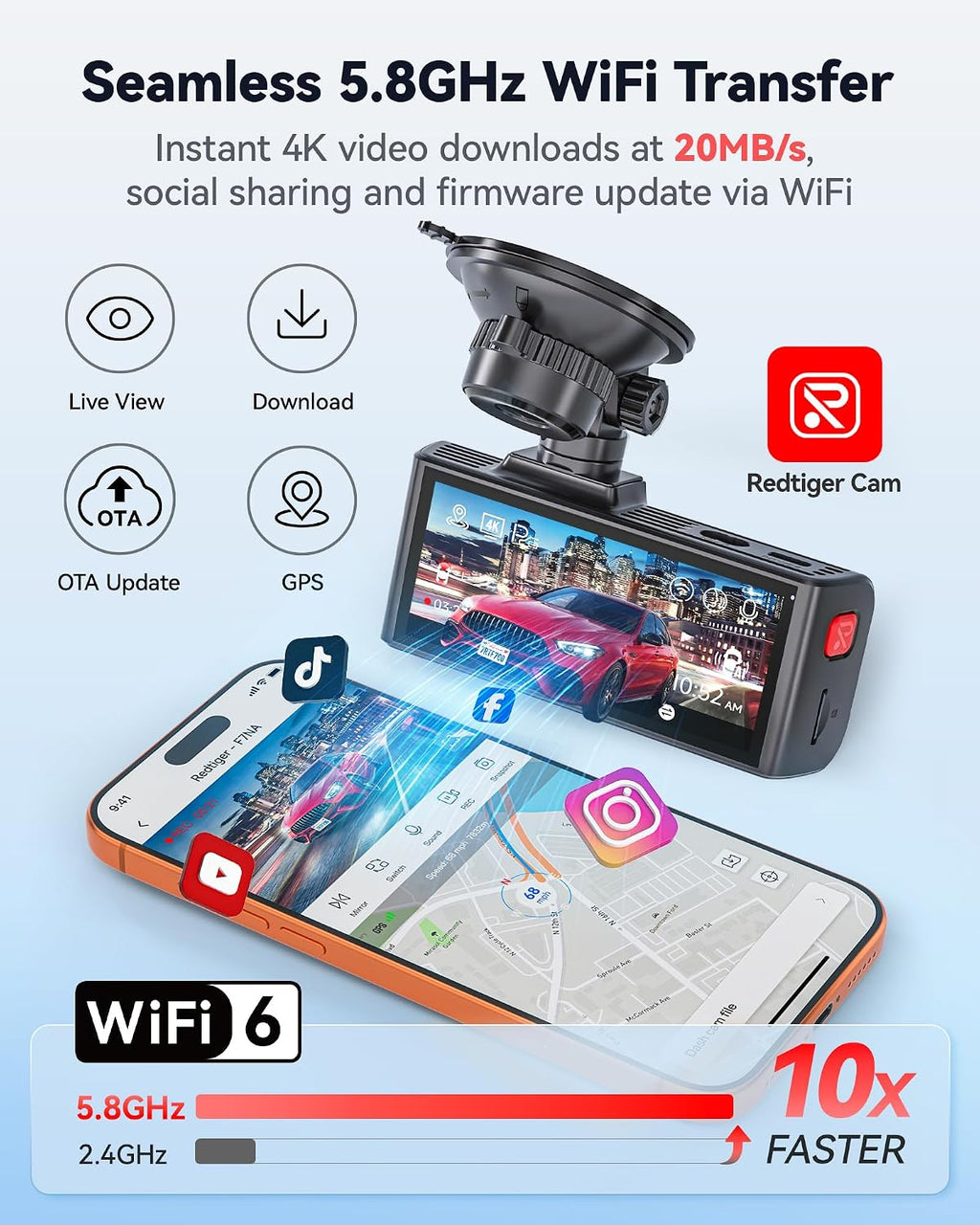 REDTIGER F7NA 4K Dual Dash Cam STARVIS 2 IMX678 8MP 5GHz WiFi (20MB/s Fast Download) Front 1080P Rear GPS Voice Control WDR HDR Night Vision 24H Parking Mode Support 512GB Max(No SD Card)