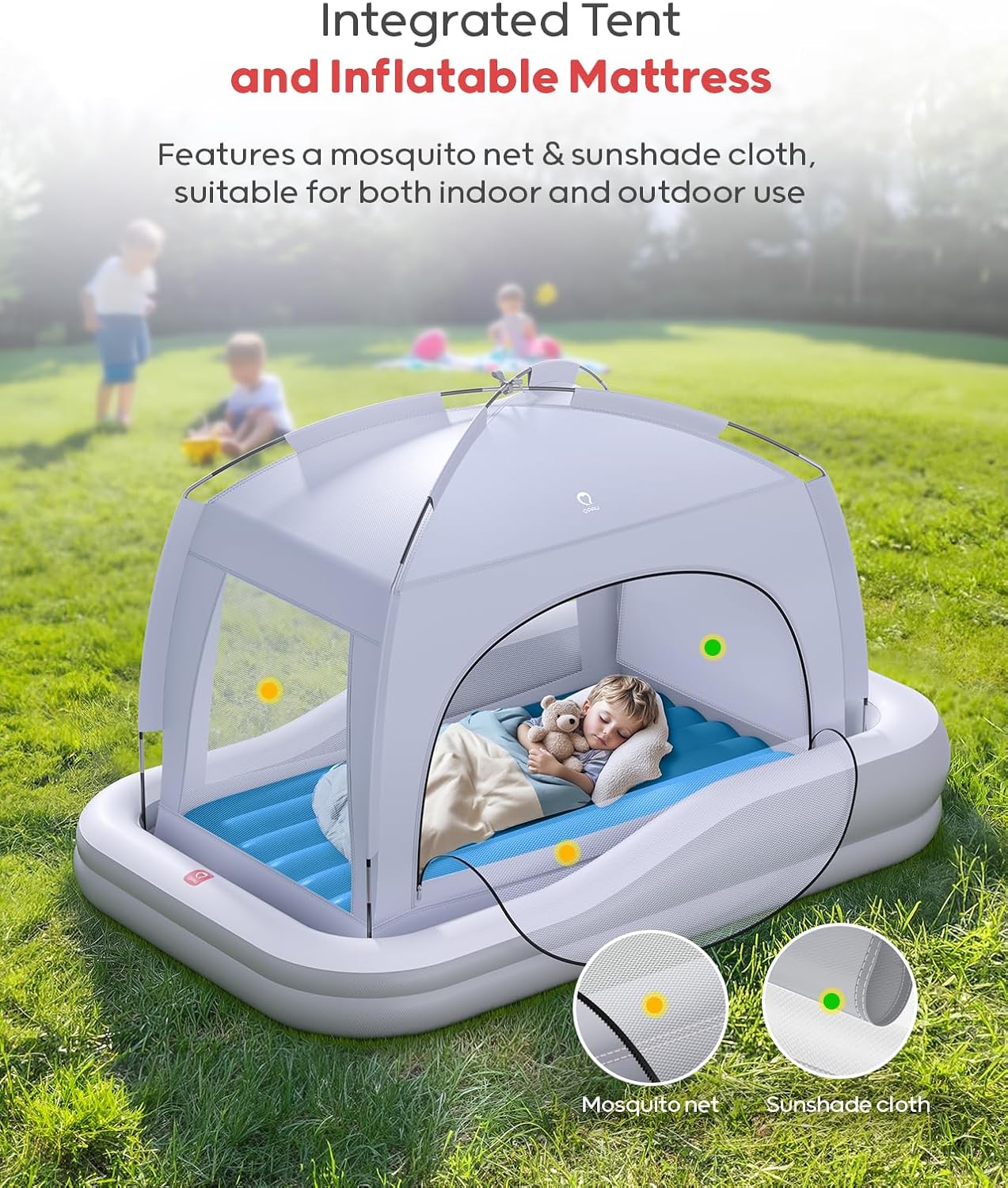 QPAU Inflatable Toddler Travel Bed with Tent, Portable Kids Air Mattress with Safety Sides, Ideal for Home, Grandma's, Camping, Traveling (Grey &amp; Blue)