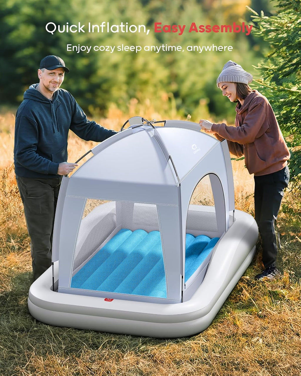 QPAU Inflatable Toddler Travel Bed with Tent, Portable Kids Air Mattress with Safety Sides, Ideal for Home, Grandma's, Camping, Traveling (Grey &amp; Blue)