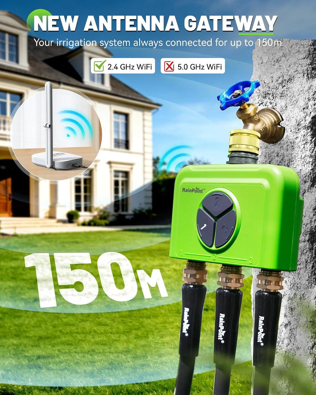 RAINPOINT Smart WiFi Water Timer 3 Zone with Hub, Wireless Garden Irrigation Controller with Brass Inlet, App &amp; Voice Control, Automatic Rain Delay Sprinkler System for Lawn and Plants