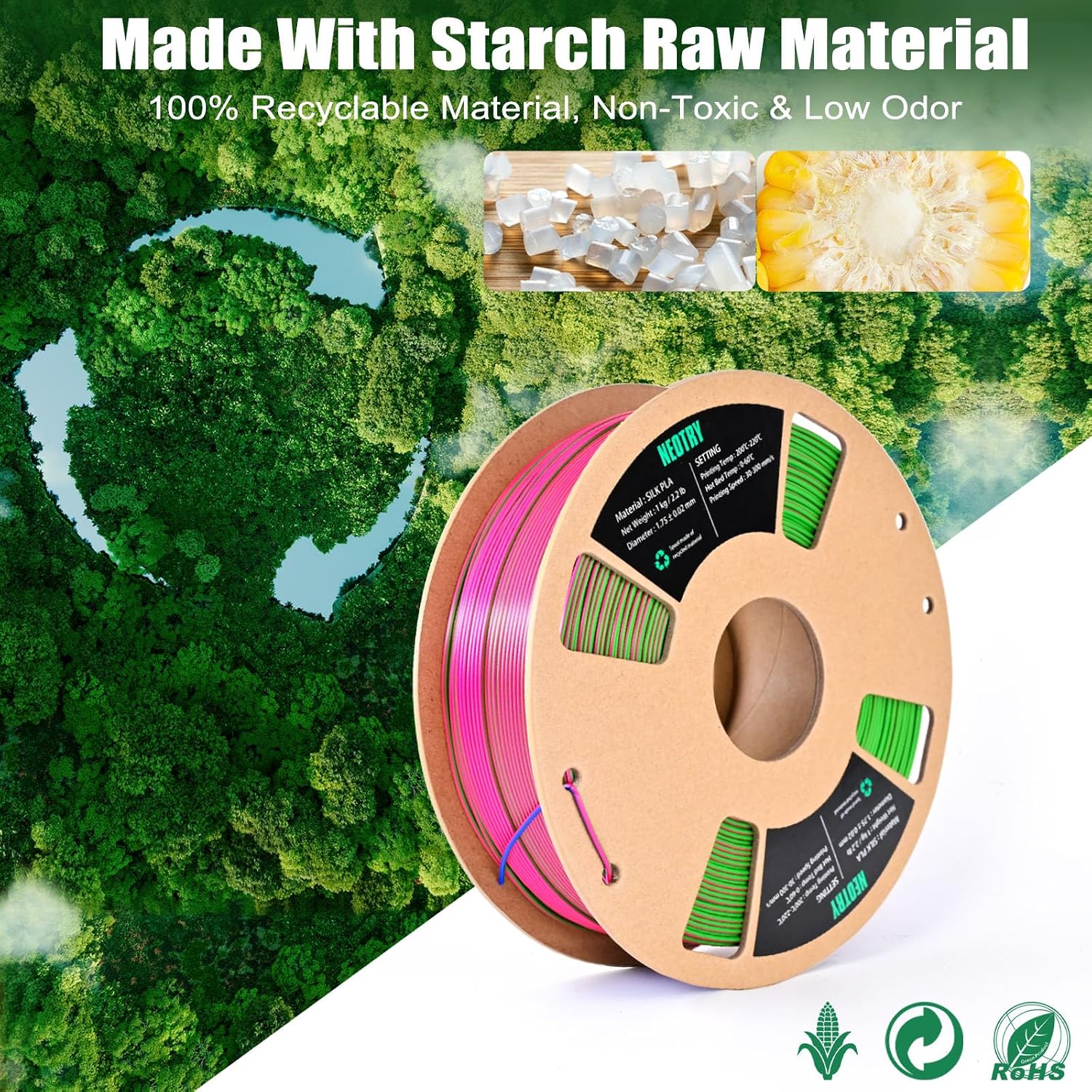 Silk Tri Colour PLA Filament 1.75mm 1kg, Multicolor 3D Printer Filament, Filament 3D Printing Materials for Most FDM 3D Printer, Silk PLA Red Blue Green, Rainbow PLA Filament 1.75mm ± 0.02