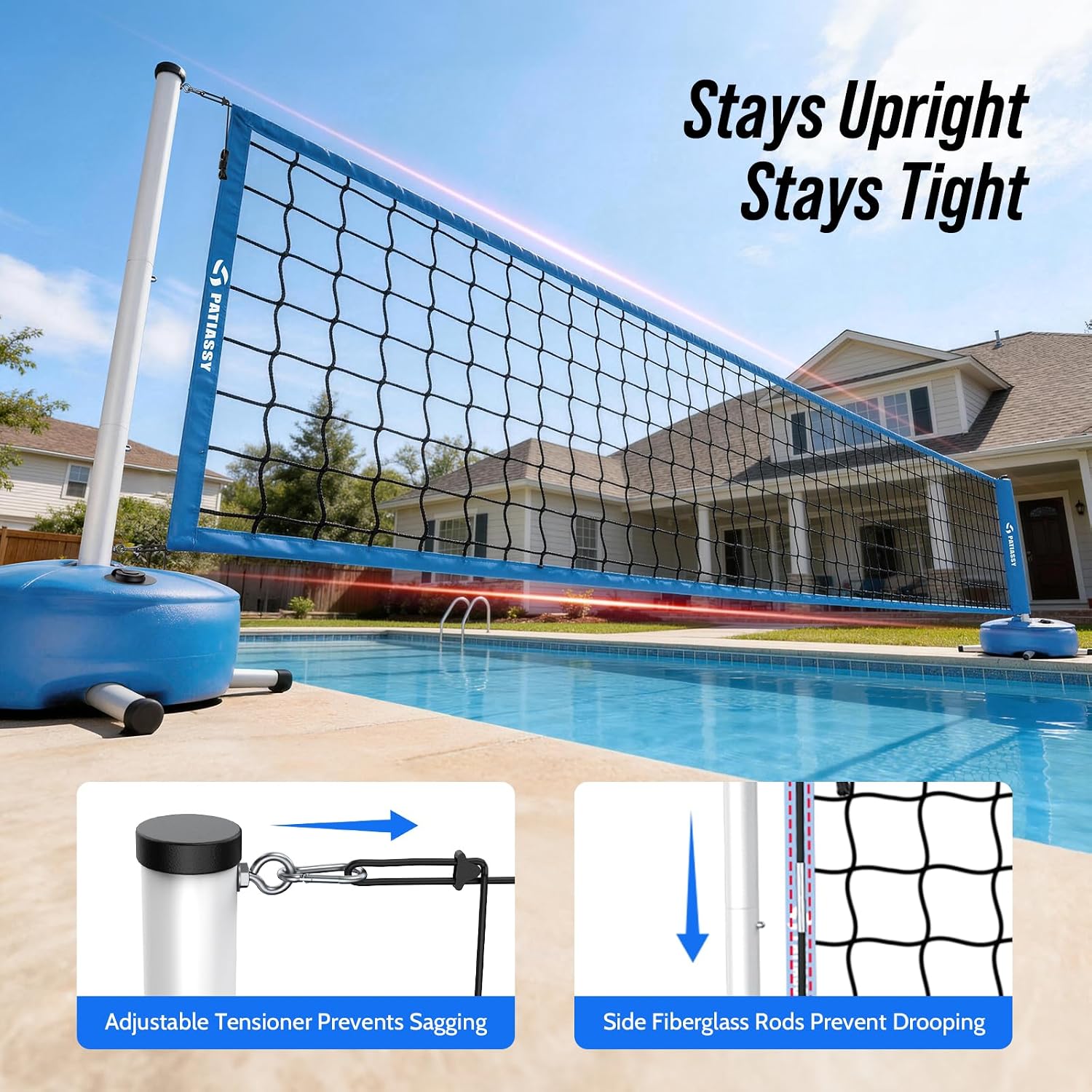 Pool Volleyball Net Set with Weighted Base, Adjustable Width from 15ft-30ft Indoor Outdoor Net System for Swimming Pools, Suitable for Water Games, Garden, Beach and Outdoor Activities