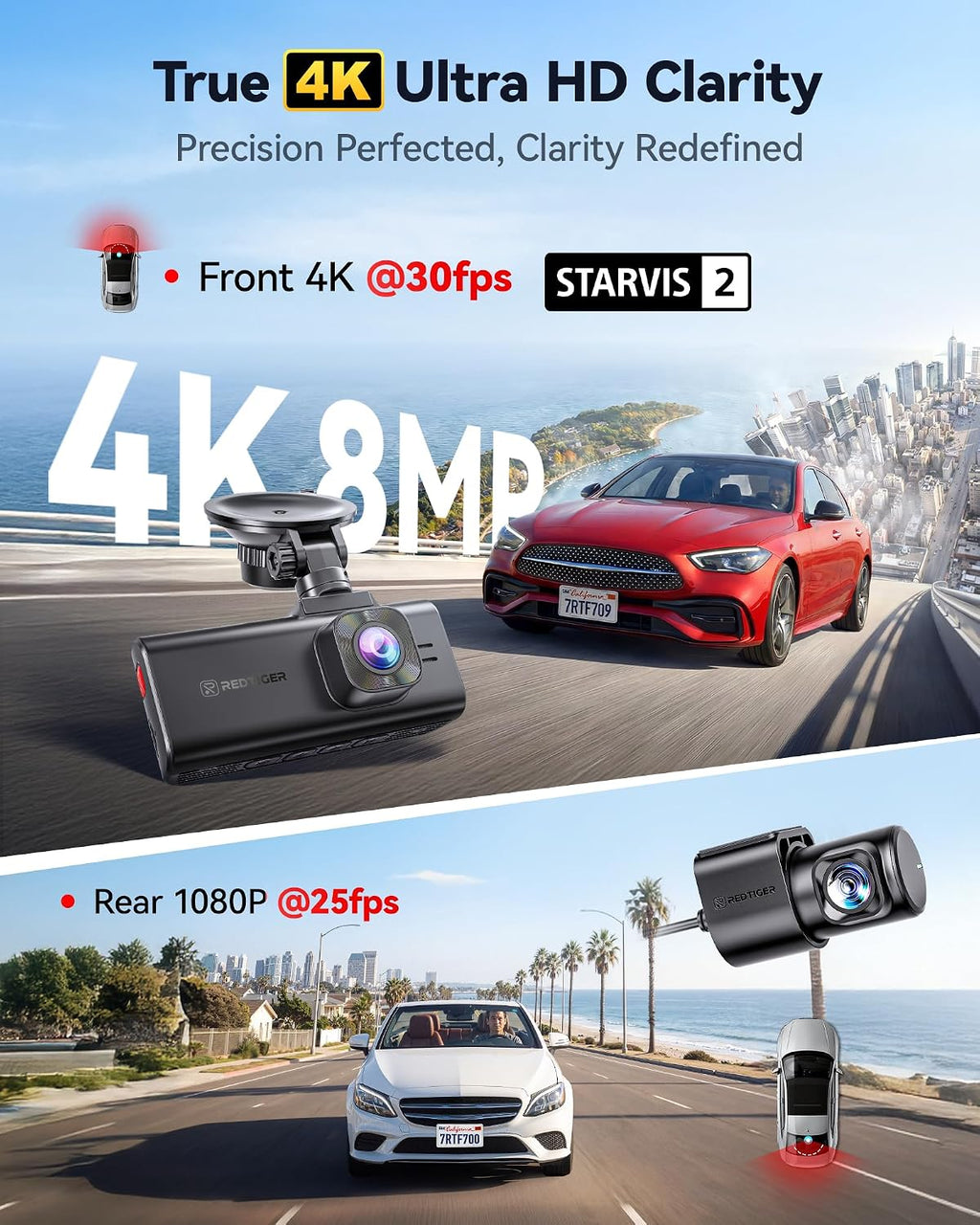 REDTIGER F7NA 4K Dual Dash Cam STARVIS 2 IMX678 8MP 5GHz WiFi (20MB/s Fast Download) Front 1080P Rear GPS Voice Control WDR HDR Night Vision 24H Parking Mode Support 512GB Max(No SD Card)