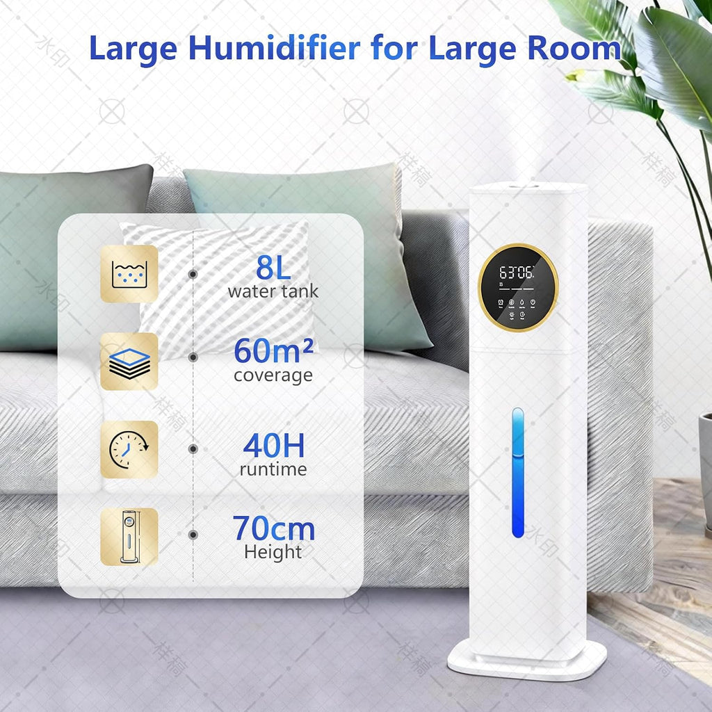 8L Humidifier - 40H Runtime for Large Room, Top Fill Cool Mist with Remote Control &amp; LED Display Auto Shut-Off, Essential Oil &amp; UV Sterilization, 360° Nozzle, Quiet for Bedroom (White)
