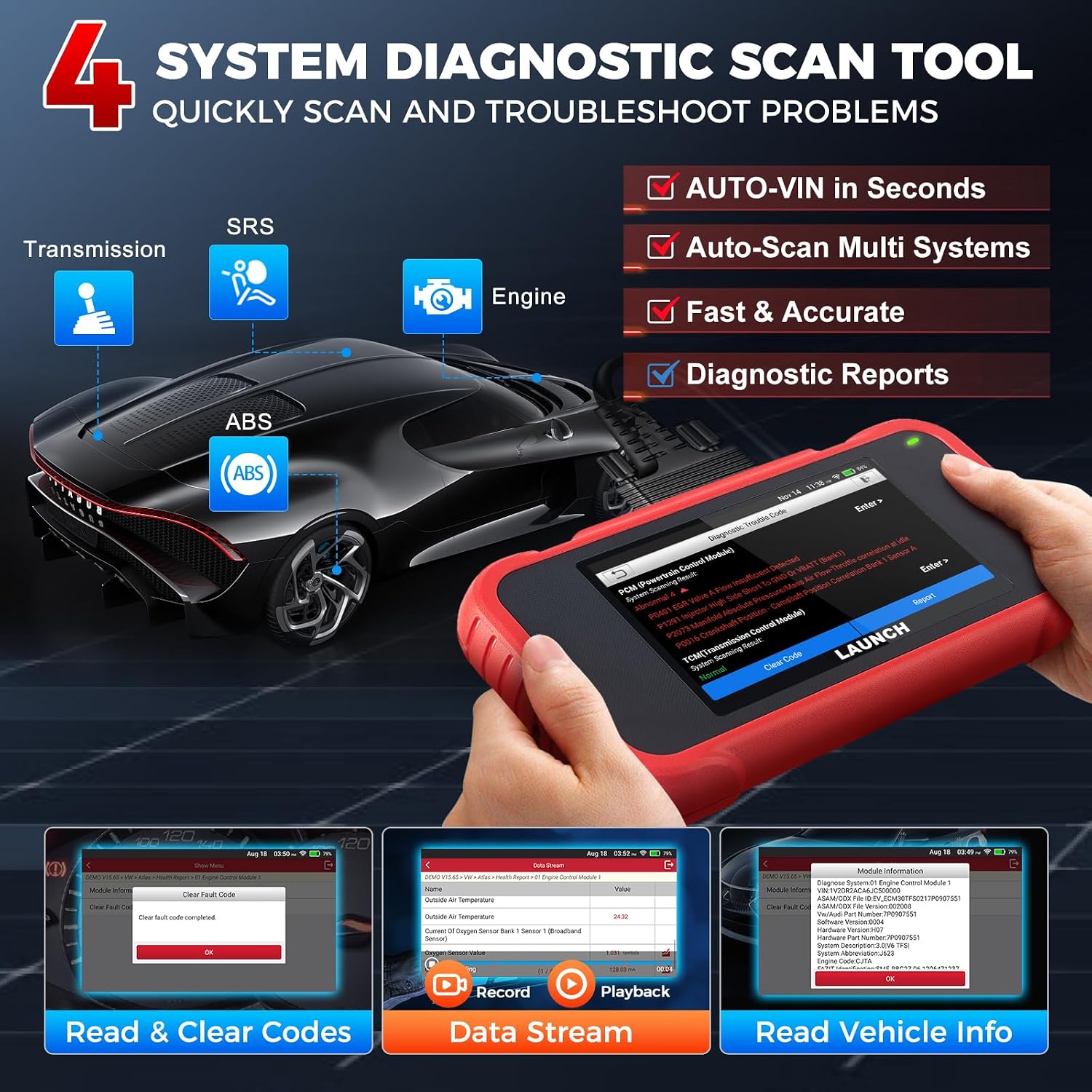 LAUNCH OBD2 Scanner CRP123E V3.0 Car Diagnostic Tool with Engine ABS SRS Transmission OBD Scanner with 7 Reset Service Oil/EPB/SAS/BMS/Throttle/Battery Reset DPF Regeneration Auto Vin Free Update