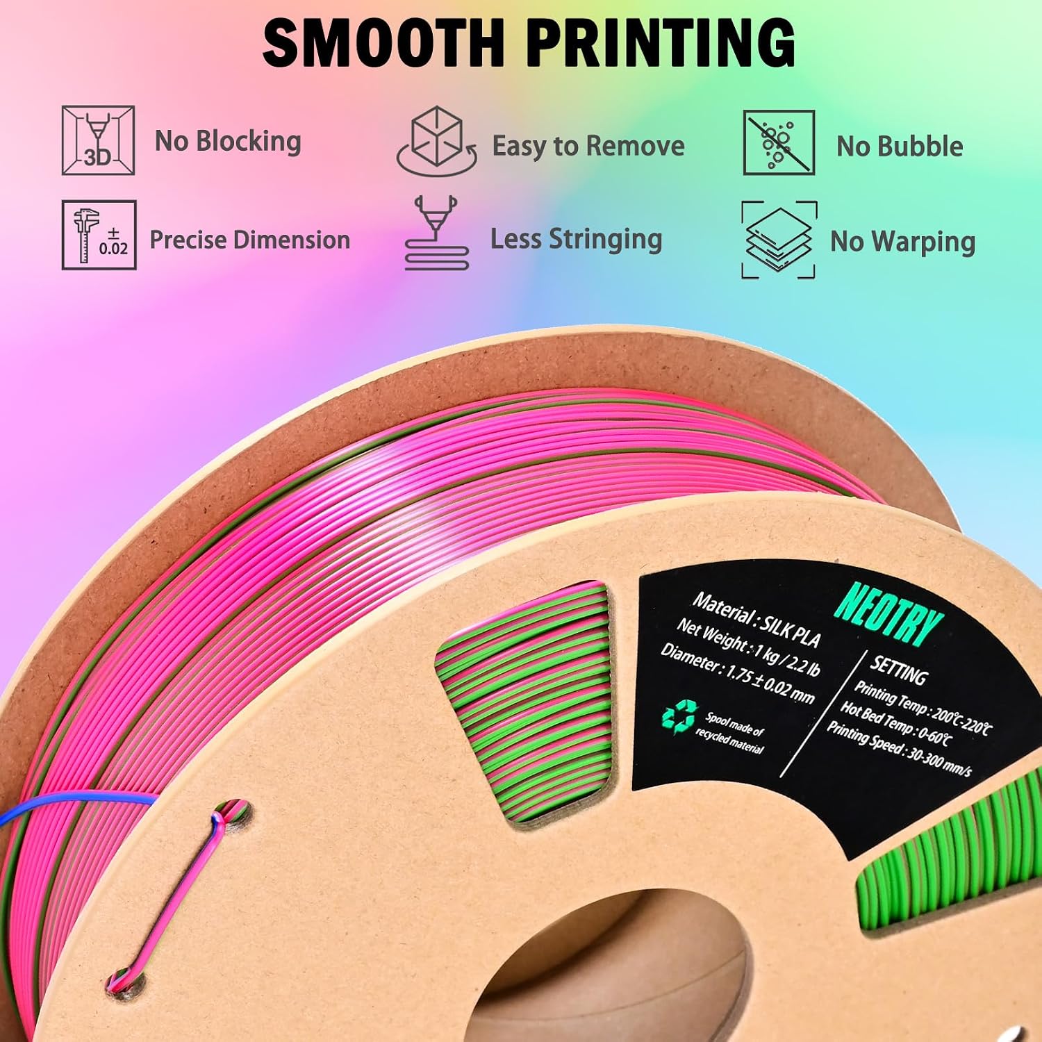 Silk Tri Colour PLA Filament 1.75mm 1kg, Multicolor 3D Printer Filament, Filament 3D Printing Materials for Most FDM 3D Printer, Silk PLA Red Blue Green, Rainbow PLA Filament 1.75mm ± 0.02