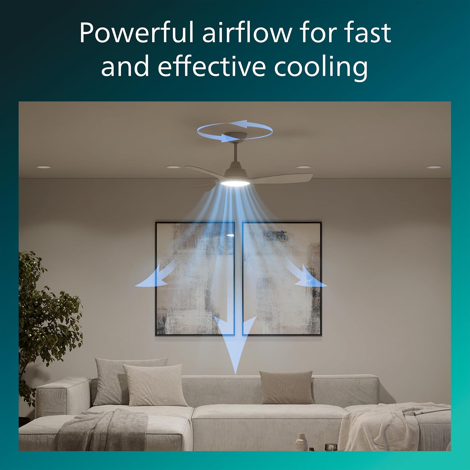 PHILIPS Fixed-Blade Ceiling Fan with LED Light, 3 Blades, 107 cm Diameter, 2650 Lumens, Tunable White Light from 3000 K to 6500 K, Dimmable to 5%, Remote Control Included, White
