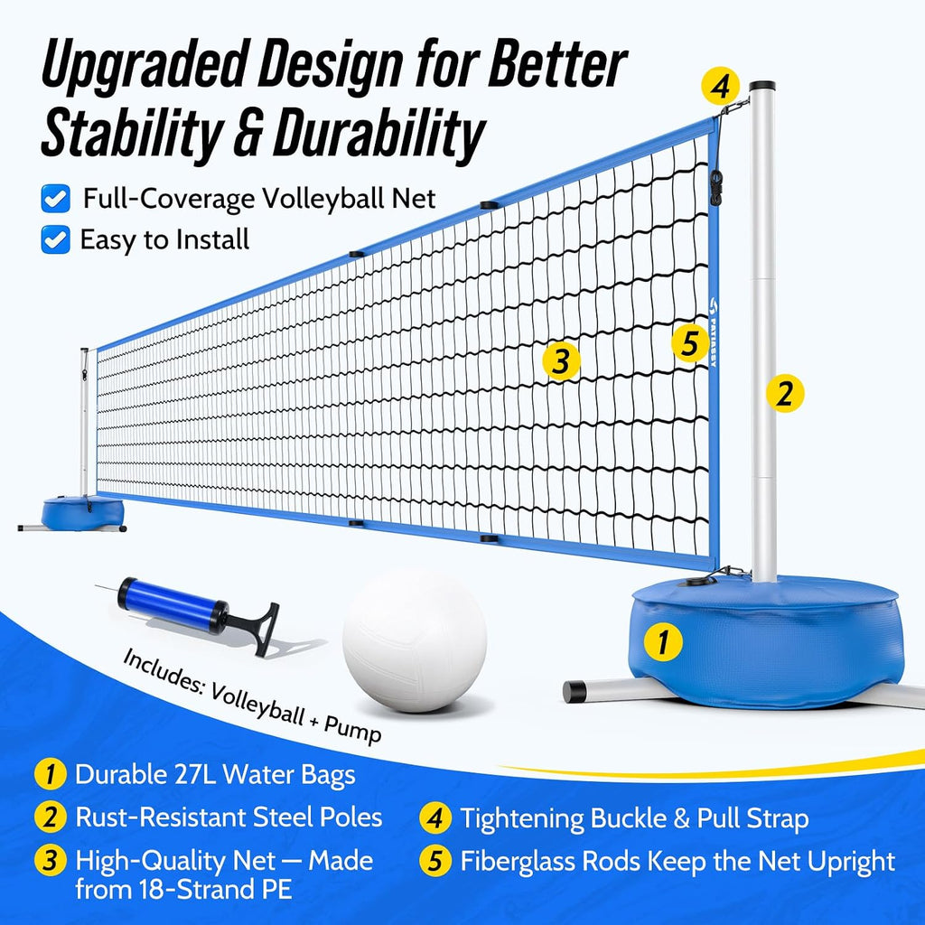 Pool Volleyball Net Set with Weighted Base, Adjustable Width from 15ft-30ft Indoor Outdoor Net System for Swimming Pools, Suitable for Water Games, Garden, Beach and Outdoor Activities