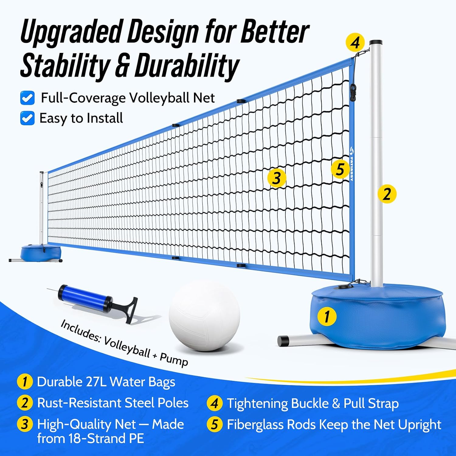 Pool Volleyball Net Set with Weighted Base, Adjustable Width from 15ft-30ft Indoor Outdoor Net System for Swimming Pools, Suitable for Water Games, Garden, Beach and Outdoor Activities