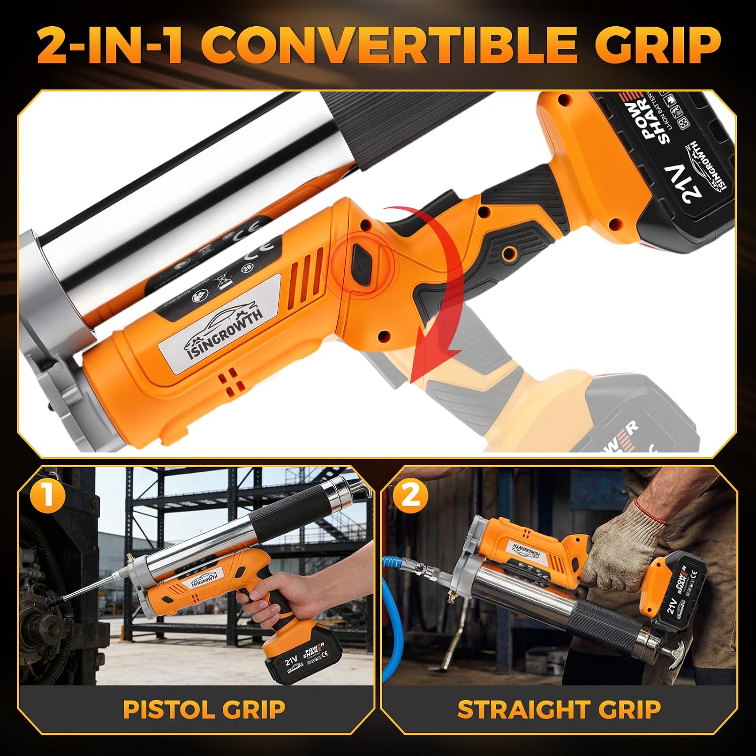 Cordless Electric Grease Gun 12000 PSI, 2-in-1 Dual Grip Grease Gun Kit with 2×4000mAh Batteries &amp; LED Light for Tractor, Truck, Construction, Farm, Mechanic, Trucker Maintenance