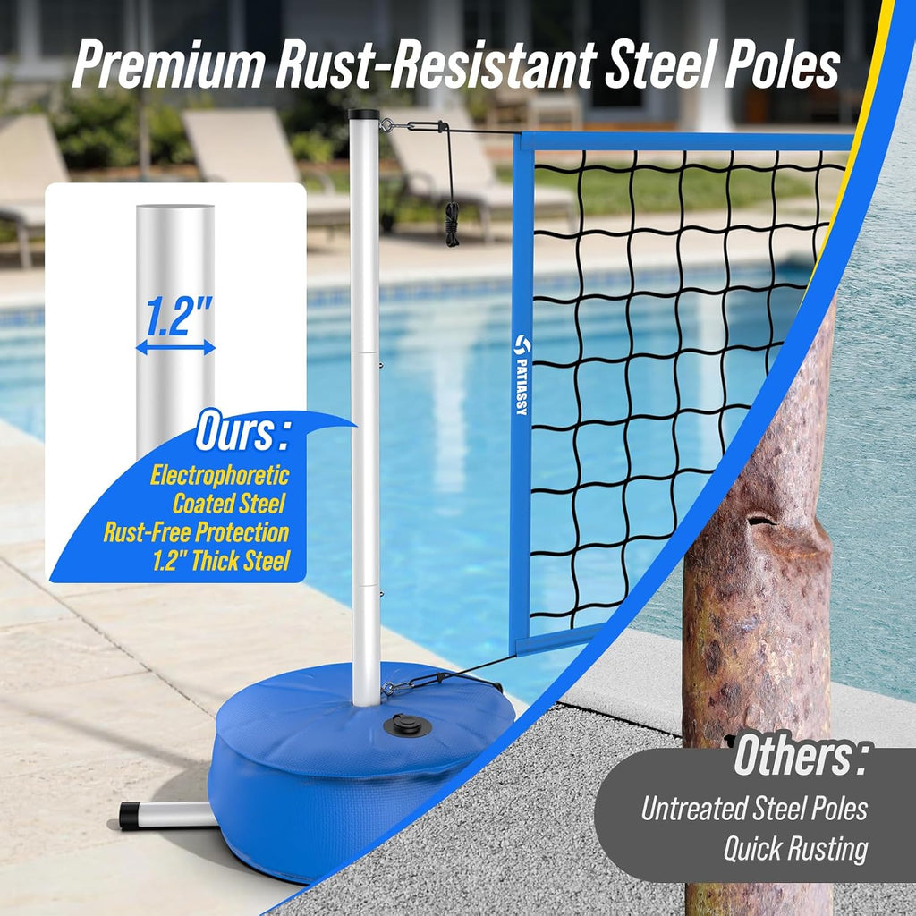 Pool Volleyball Net Set with Weighted Base, Adjustable Width from 15ft-30ft Indoor Outdoor Net System for Swimming Pools, Suitable for Water Games, Garden, Beach and Outdoor Activities