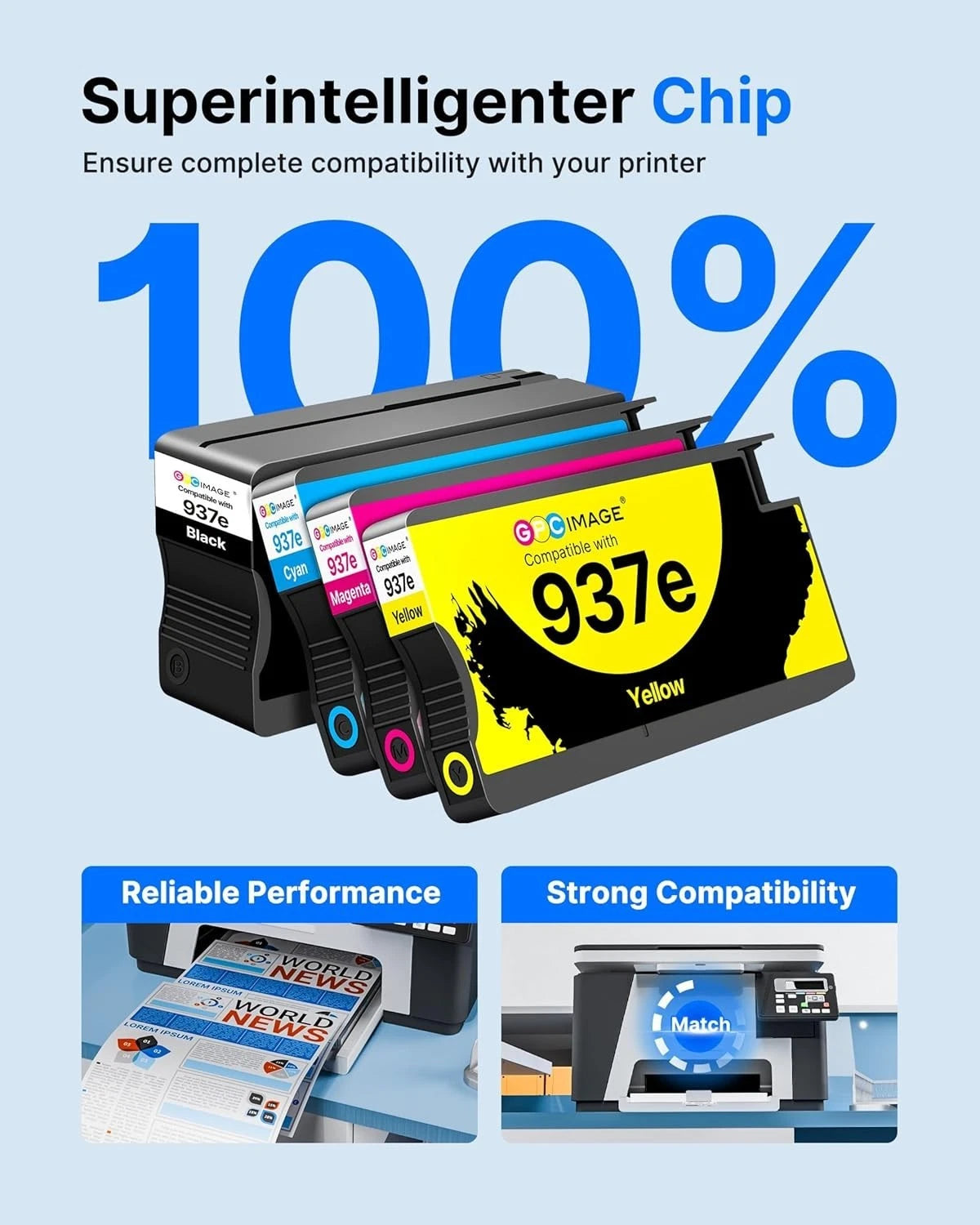 GPC Image 937e 937XL Ink Cartridges Compatible for HP 937 Ink Cartridges Multipack 937e (XL) for HP OfficeJet Pro 9720e 9730e 9120e 9125e 9132e 9135e 9120b 9110b (B/C/M/Y, 4 Pack with Chip)