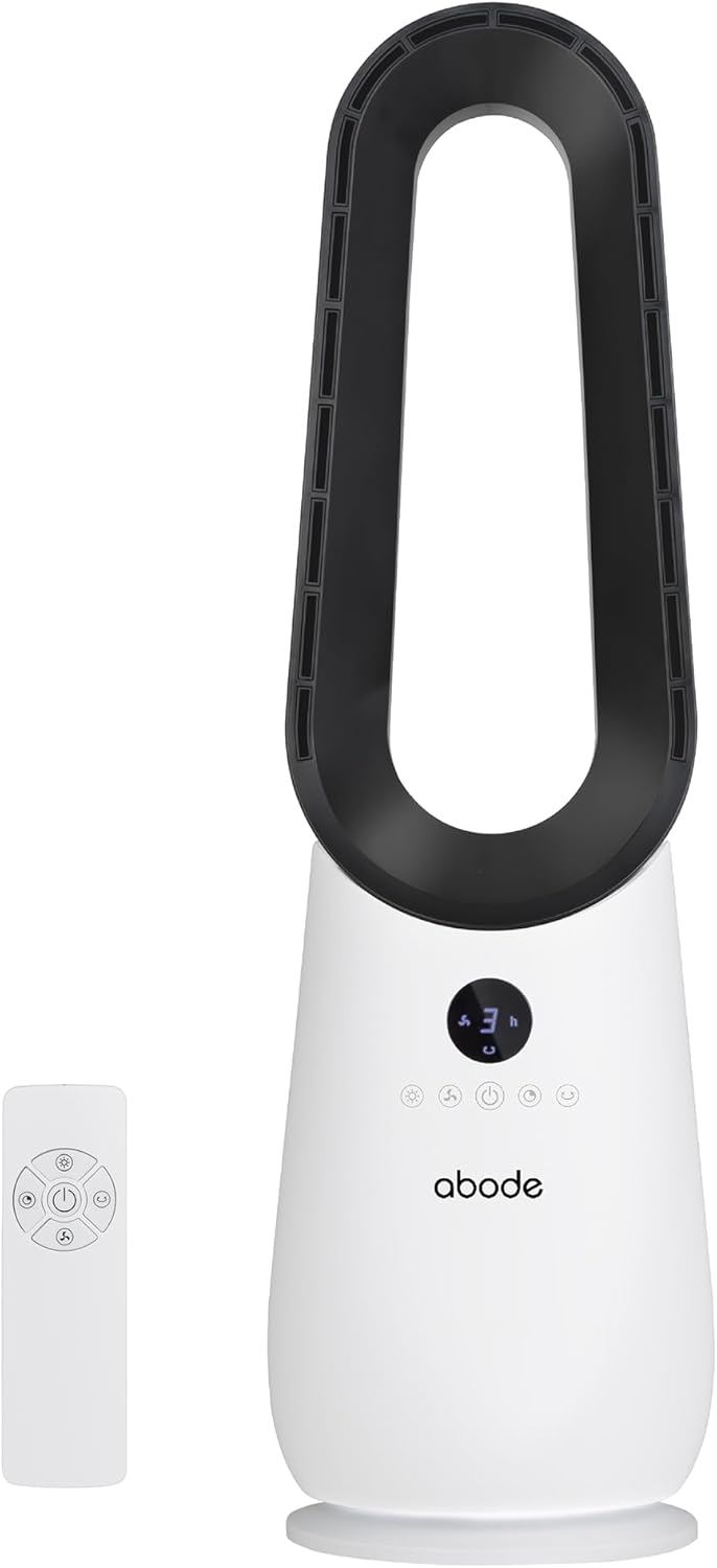 Abode Bladeless Cooling Fan in White with 4 Speed Settings, Touch Controlled Buttons, LED Display with Remote, 75° Oscillation Function, 1.8m Power Cord & 9 Hour Timer ABLDL2001