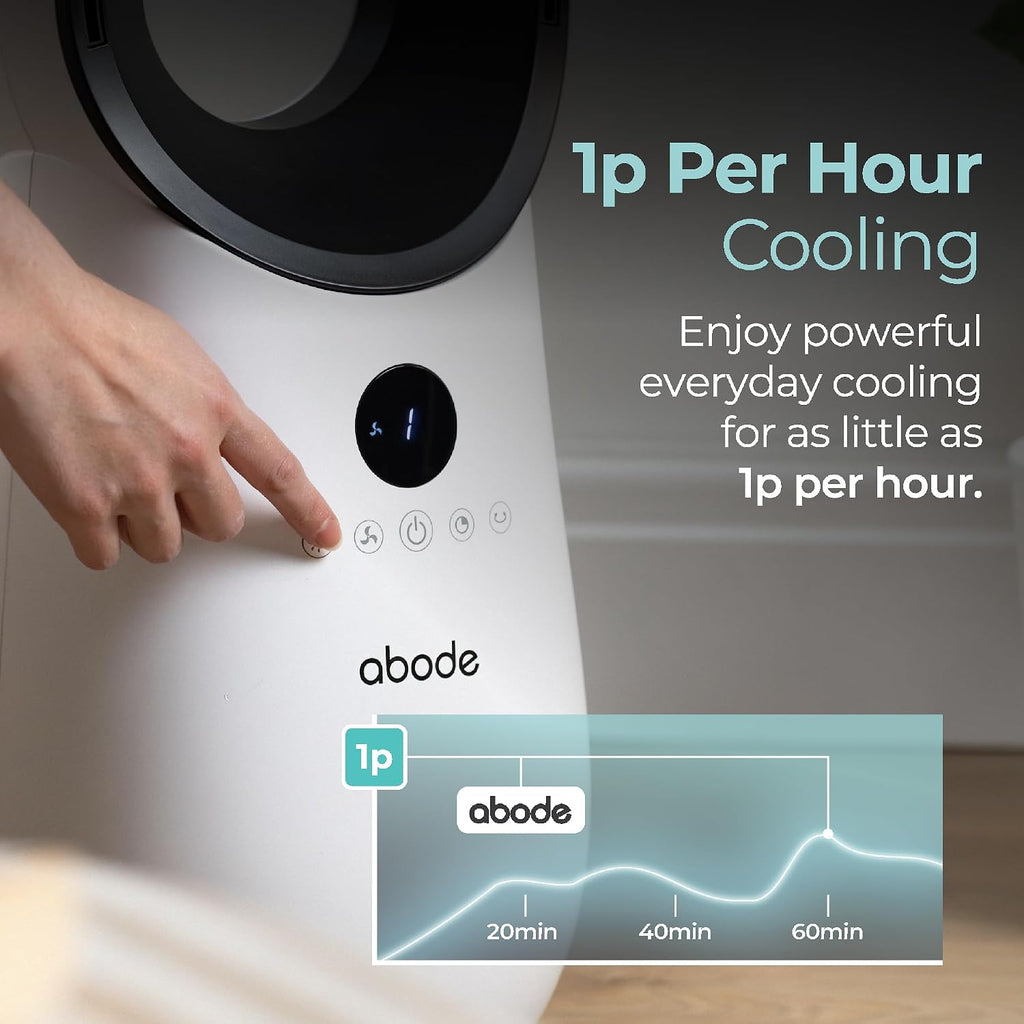 Abode Bladeless Cooling Fan in White with 4 Speed Settings, Touch Controlled Buttons, LED Display with Remote, 75° Oscillation Function, 1.8m Power Cord & 9 Hour Timer ABLDL2001