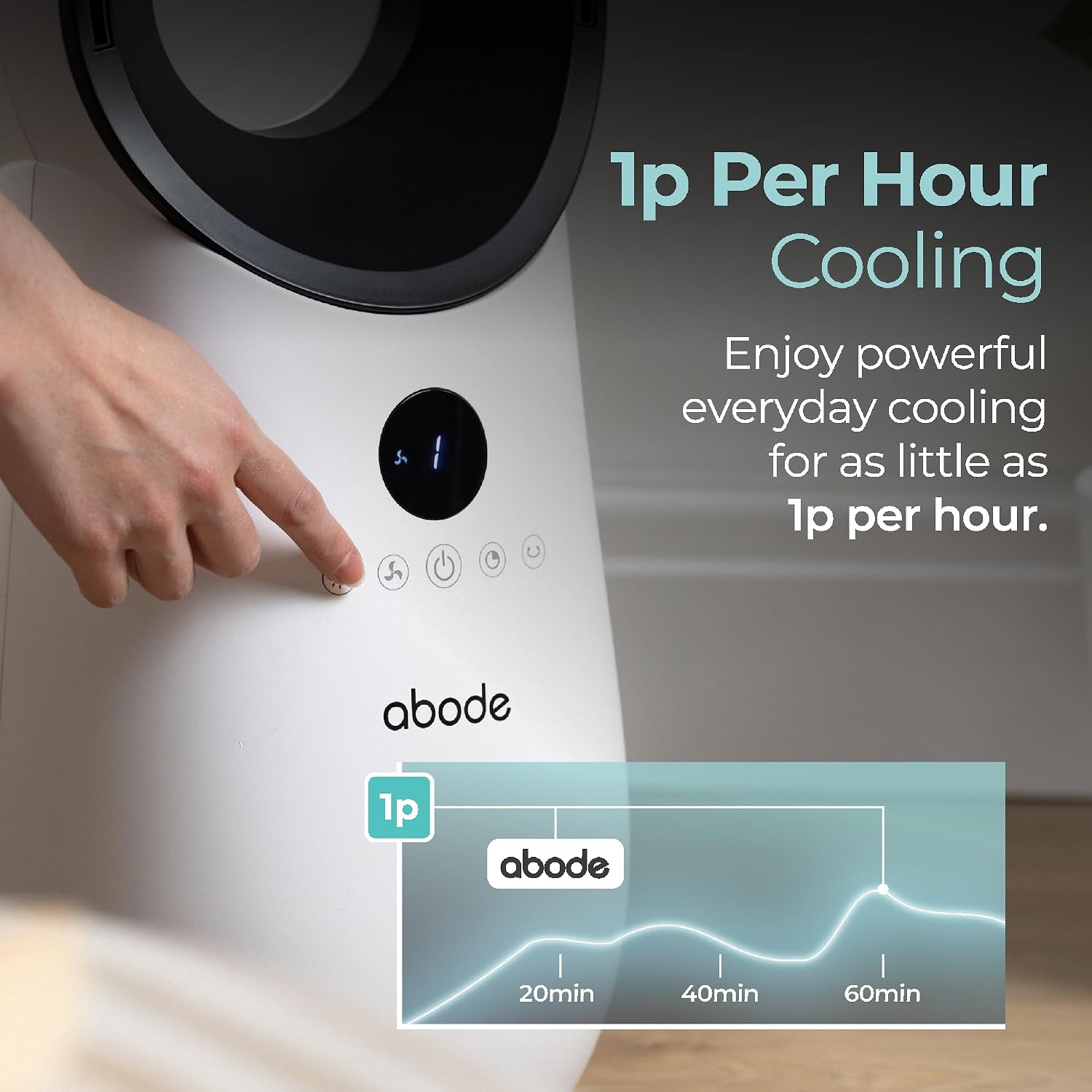 Abode Bladeless Cooling Fan in White with 4 Speed Settings, Touch Controlled Buttons, LED Display with Remote, 75° Oscillation Function, 1.8m Power Cord & 9 Hour Timer ABLDL2001