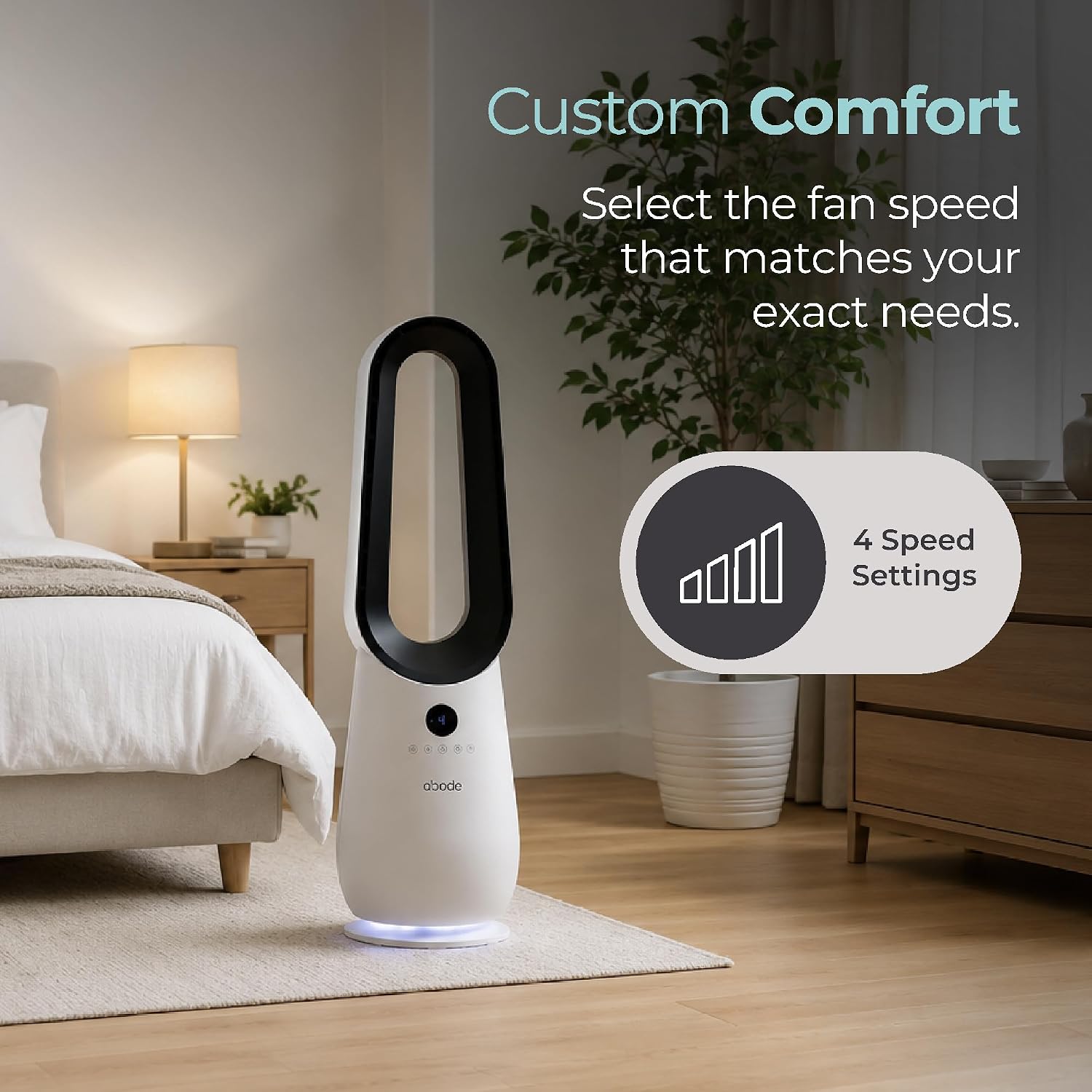 Abode Bladeless Cooling Fan in White with 4 Speed Settings, Touch Controlled Buttons, LED Display with Remote, 75° Oscillation Function, 1.8m Power Cord & 9 Hour Timer ABLDL2001
