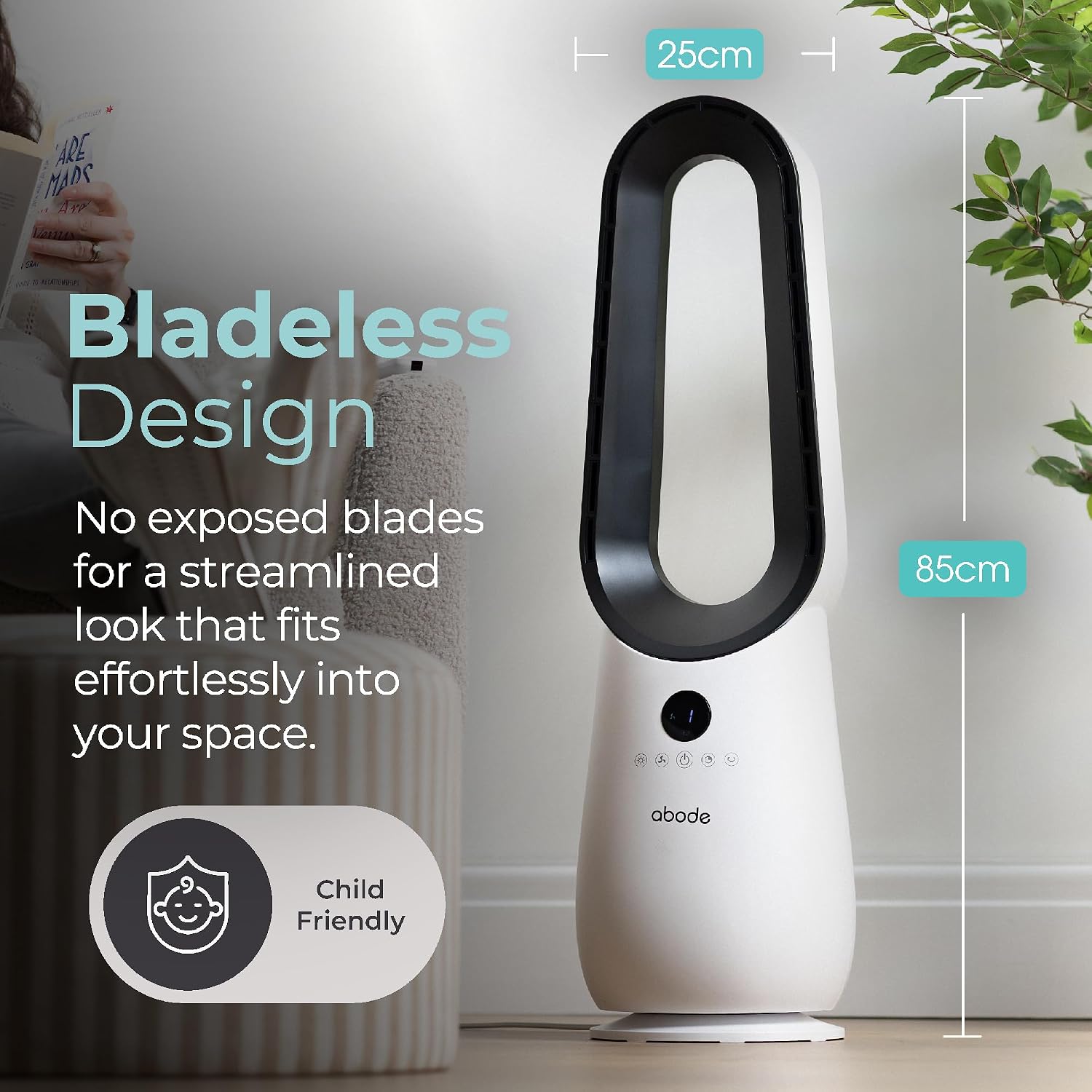 Abode Bladeless Cooling Fan in White with 4 Speed Settings, Touch Controlled Buttons, LED Display with Remote, 75° Oscillation Function, 1.8m Power Cord & 9 Hour Timer ABLDL2001
