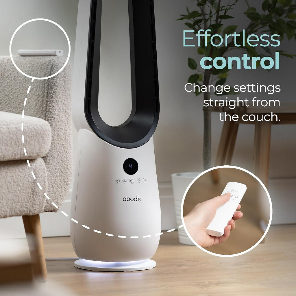 Abode Bladeless Cooling Fan in White with 4 Speed Settings, Touch Controlled Buttons, LED Display with Remote, 75° Oscillation Function, 1.8m Power Cord & 9 Hour Timer ABLDL2001