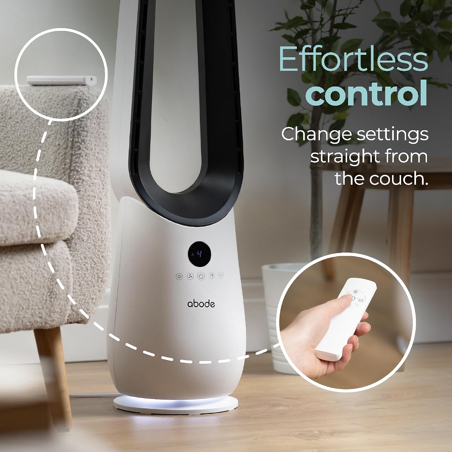 Abode Bladeless Cooling Fan in White with 4 Speed Settings, Touch Controlled Buttons, LED Display with Remote, 75° Oscillation Function, 1.8m Power Cord & 9 Hour Timer ABLDL2001